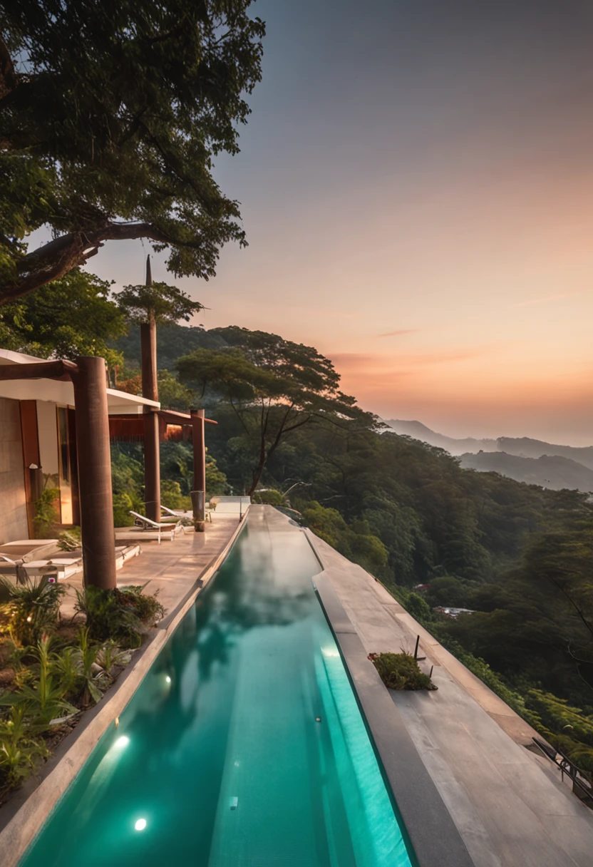 Sul Coreana com o corpo perfeito saindo da piscina com olhar de paisagem usando um bikini branco, fotografia, por do sol, casa moderna na floresta, piscina nos fundos da casa, canon, cores urbanas