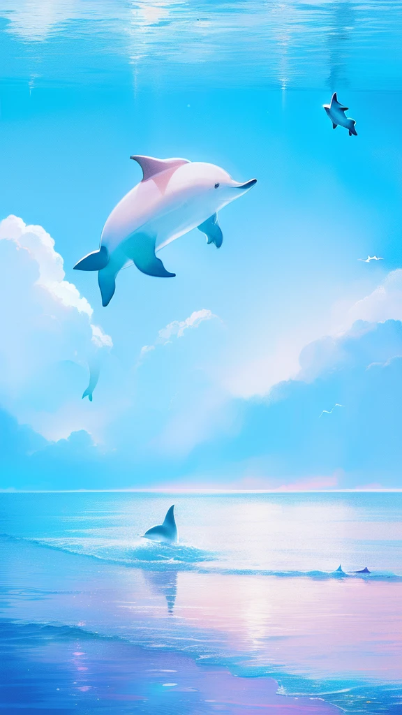 themoon,(((1girl and dolphins))),(Inside the clouds),((((Fly to the sea)))),in pink,blue colors,cyan colors,