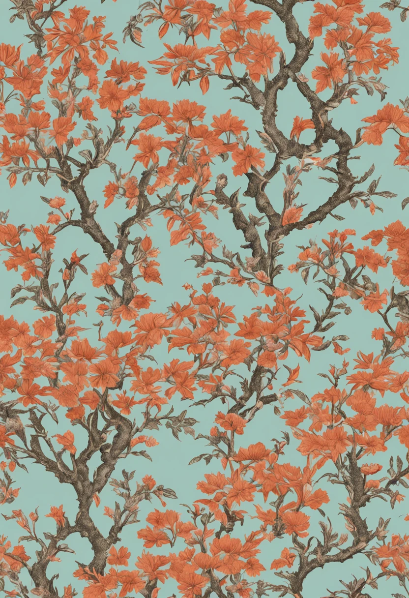 Tree branches on a floral wallpaper, chinoiserie pattern, papel de parede!, papel de parede chinoiserie, design de papel de parede, papel de parede bonito, inspirado em Michel Delacroix, papel de parede oriental, inspirado em William Morris, Directed by: Jeka Kemp, papel de parede nas paredes, peacock. intrincado