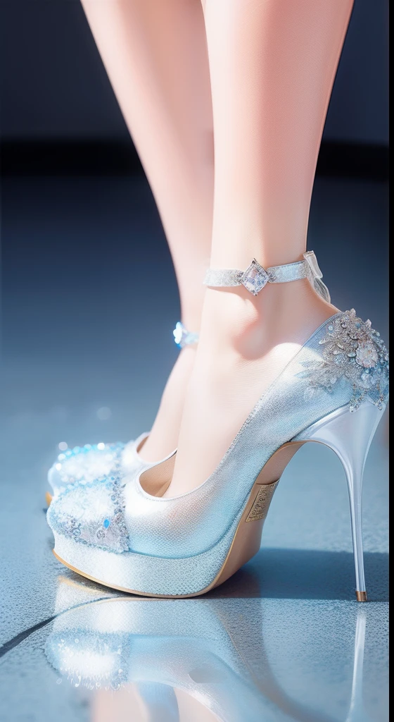 Women's feet，Wearing princess crystal shoes