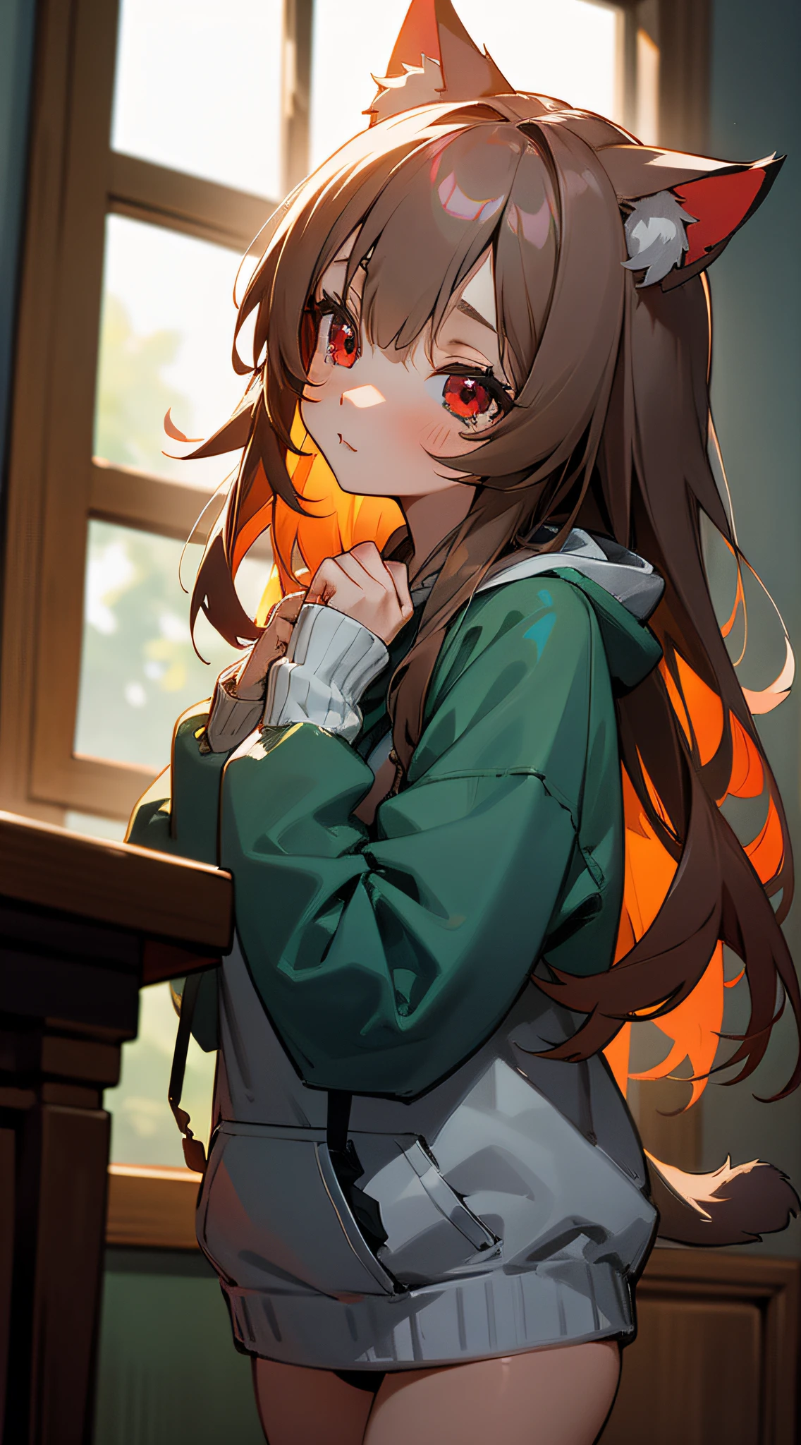 catgirl, 1girl, cat ears, ((cute)), masterpiece, best quality, perfect face, hoodie, hood, looking up, two hands, smal, furr, cozy, warm, window, night, long hoodie, no_pants, 4k, wallpaper, close up, digital art, anime style, beautiful eyes, intimate, detailed, warm colors, red eyes
