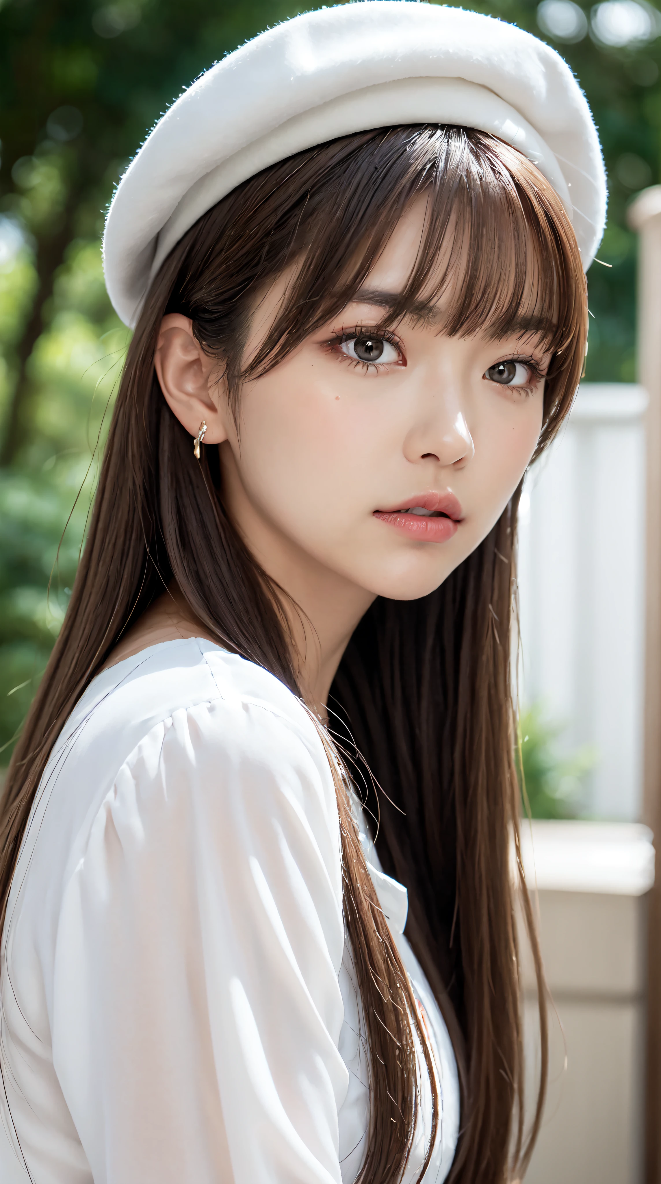 1womanl, up of face, mideum breasts, light brown hair, Blunt bangs, hair behind ear, hair over shoulder, Long hair, slender body shape, Ultra Fine Face, Thin face, Delicate lips, Beautiful eyes, thin blush, eyes are light brown, perfect glossy skin, flawless skin, Glistening sweat,View here, Ultra-thin hands, Ultra-fine fingers, best ratio four finger and one thumb, (realisitic:1.3), Finger Extensions, See-through white blouse. White beret,, Broad-leaved forest, One-person viewpoint, Fuji Film, F/1.2, 8K, masutepiece, nffsw, Super Detail, High quality, Best Quality, hight resolution,