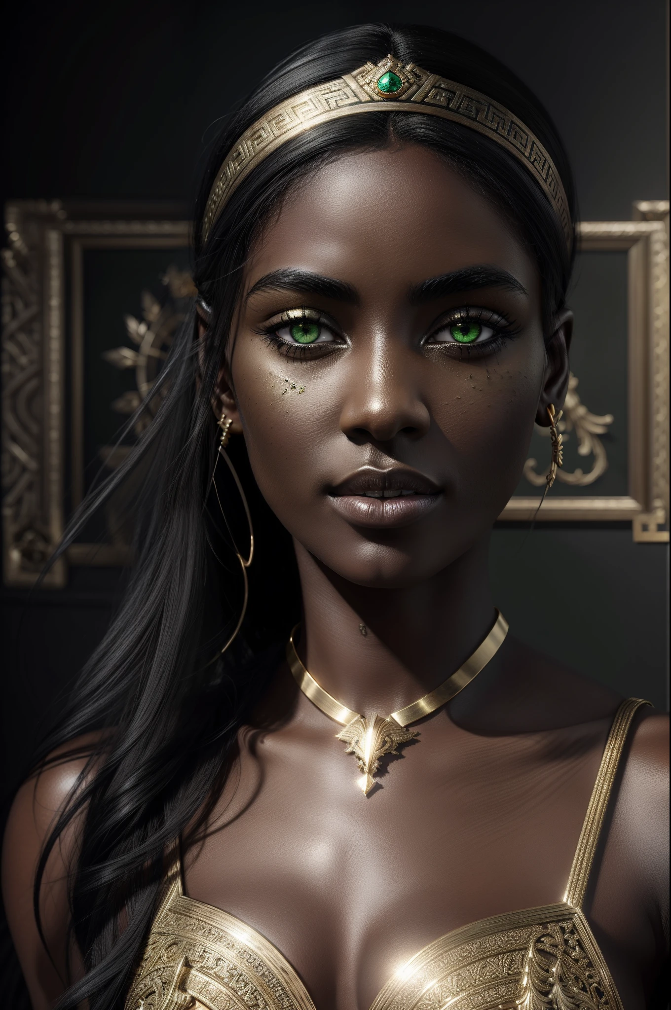 greek goddess with black hair, dark skin, and striking green eyes, meticulously rendered with exquisite details. The artwork showcases stunning gold and brass accents, immersing the viewer in a photorealistic and hyperrealistic depiction. Created using Unreal Engine, the image captures radiant colors that bring the entire scene to life.