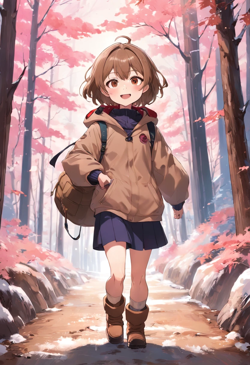 1girl, solo, , big chest, standing, head tilt, paint on cheek, large thighs, boots, fringe, using glasses, winter clothes, very small boyt brown hair, very covered clothes, very small boy hairwn eyes, outdoors, in sakura forest, smile, chromatic aberration, beautiful, anime