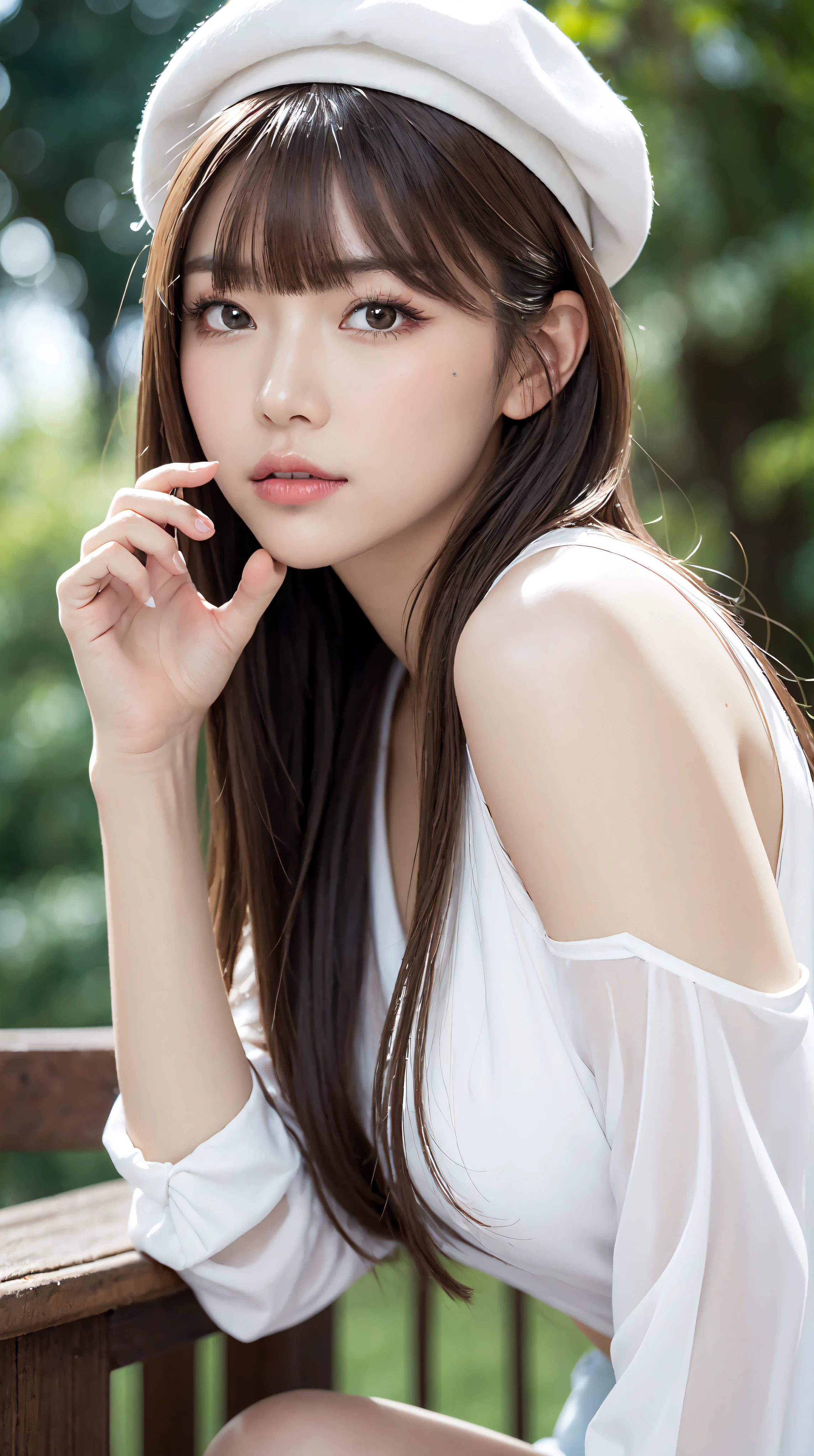 1womanl, up of face, mideum breasts, light brown hair, Blunt bangs, hair behind ear, hair over shoulder, Long hair, slender body shape, Ultra Fine Face, Thin face, Delicate lips, Beautiful eyes, thin blush, eyes are light brown, perfect glossy skin, flawless skin, Glistening sweat,View here, Ultra-thin hands, Ultra-fine fingers, best ratio four finger and one thumb, (realisitic:1.3), Finger Extensions, See-through white blouse. White beret,, Broad-leaved forest, One-person viewpoint, Fuji Film, F/1.2, 8K, masutepiece, nffsw, Super Detail, High quality, Best Quality, hight resolution,