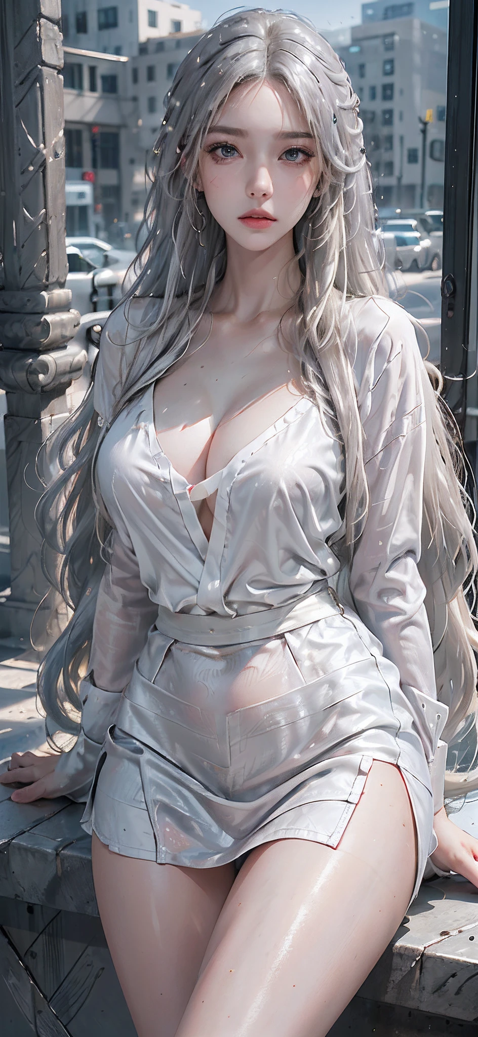 ((Best quality, 8k, Masterpiece :1.1)), Sharp focus :1.2, A Pretty Girl with perfect figure :1.4, Slender abs :1.2, (( wavy blonde hair, silver light hair ,long hair, Big breasts :1.3)), (White tight shirt :1.3), (Short black skirt (Sultry) ((Aroused: 1.6))), (detailed face), Open top button shirt: 1.3, Rain :1.5, Street:1.3, Building, buildin,  Highly detailed face and skin texture, Detailed eyes, Double eyelid