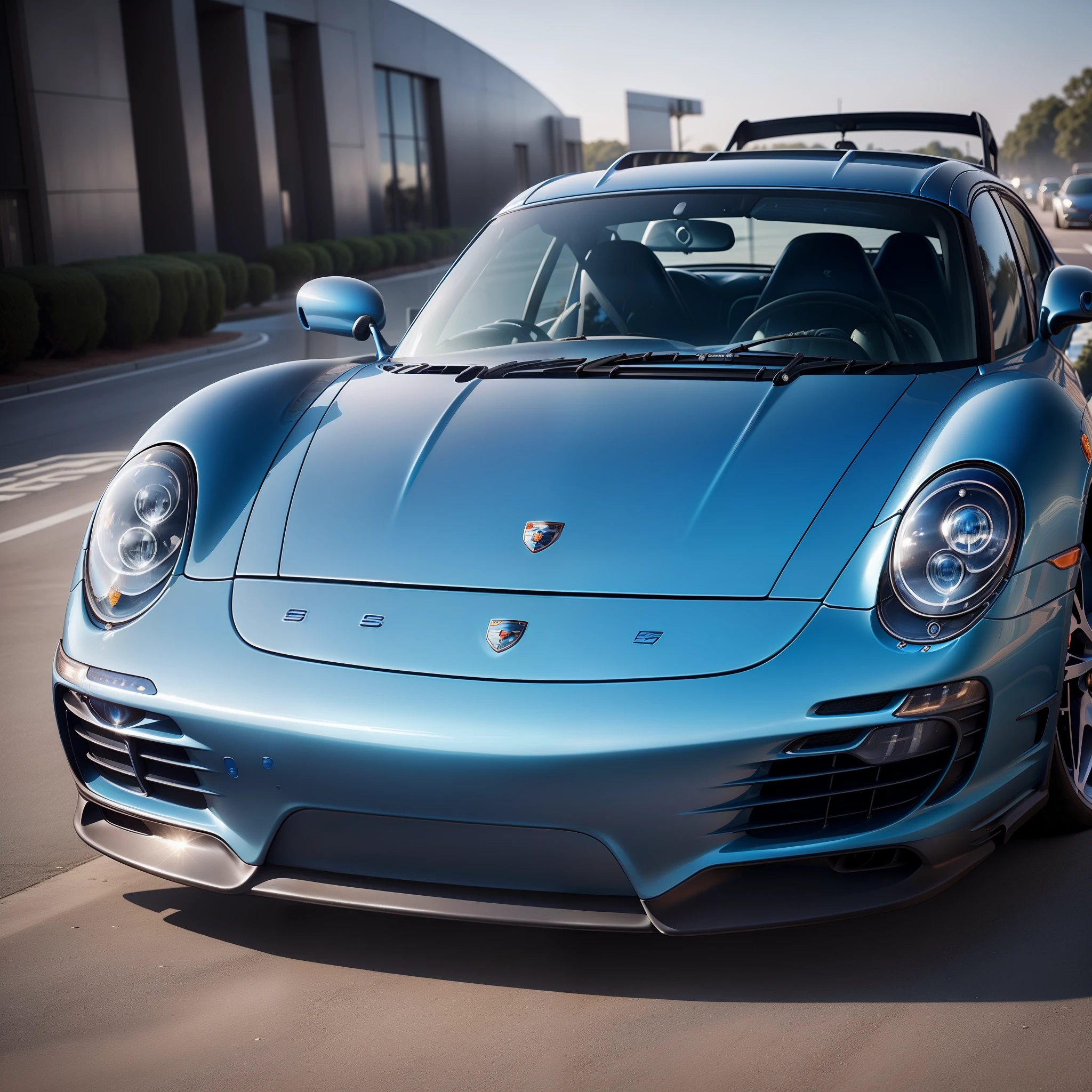 ((Beautiful blue Porsche))、Stylish and sophisticated shape、((An ultra-high picture quality))、(blue open sky)、finely detailed beautiful、detaileds