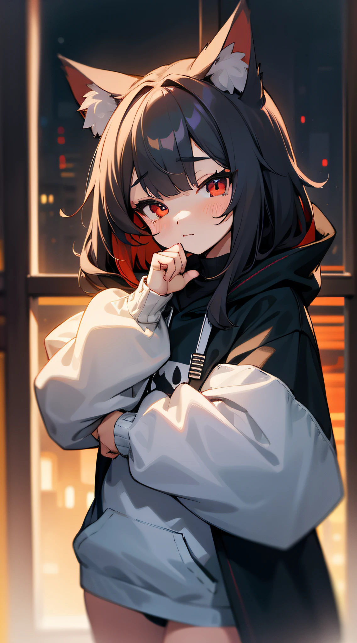 catgirl, 1girl, cat ears, ((cute)), masterpiece, best quality, perfect face, hoodie, hood, looking up, two hands, smal, furr, cozy, warm, window, night, long hoodie, no_pants, 4k, wallpaper, close up, digital art, anime style, beautiful eyes, intimate, detailed, warm colors, red eyes