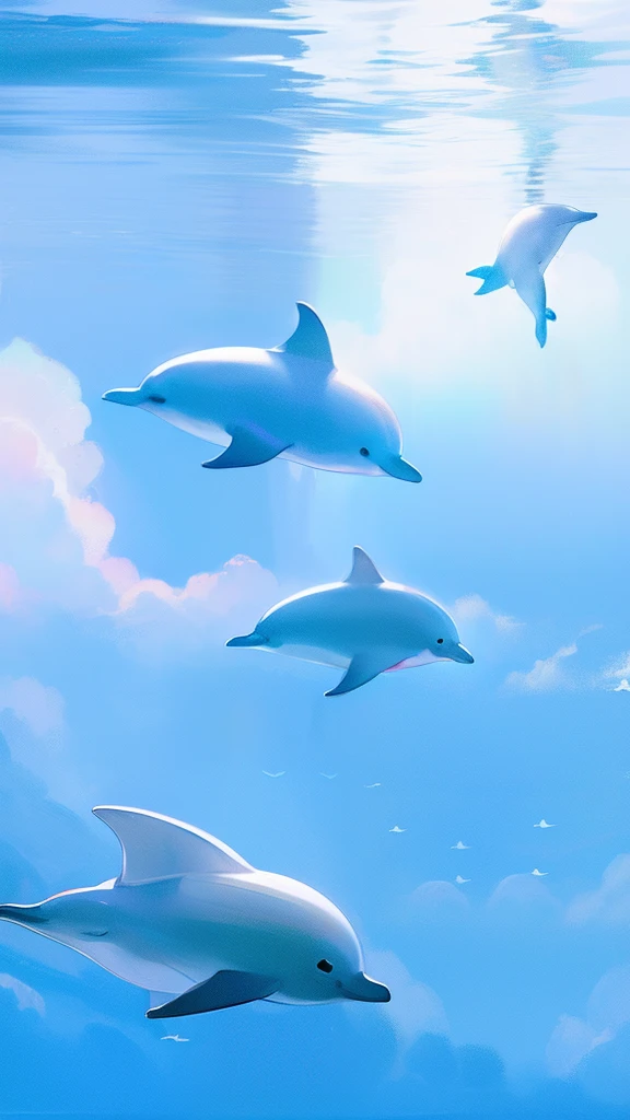 themoon,(((1Girl and dolphins))),(Inside the clouds),((((Fly to the sea)))),in pink,blue colors,cyan colors,