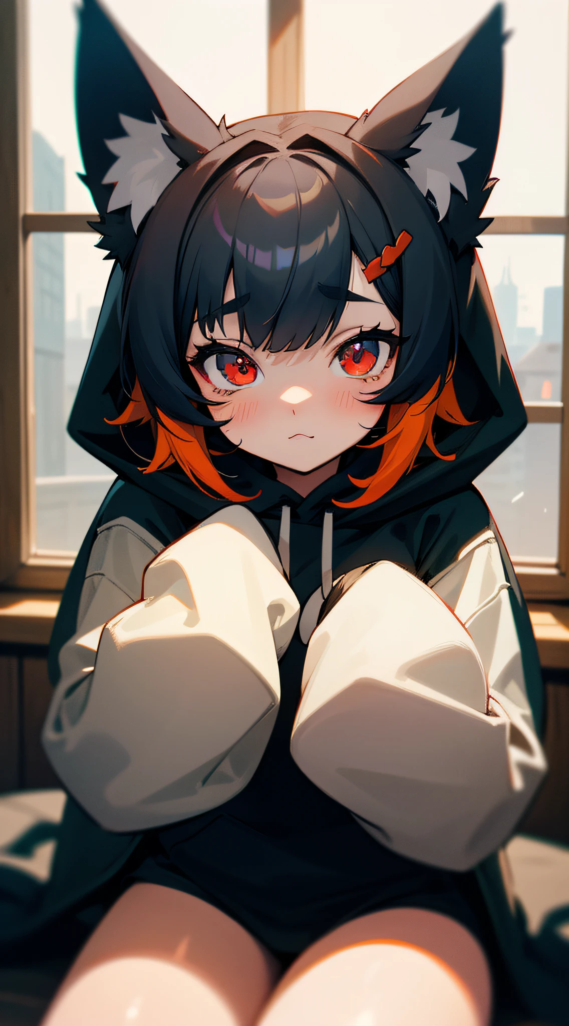 catgirl, 1girl, cat ears, ((cute)), masterpiece, best quality, perfect face, hoodie, hood, looking up, two hands, smal, furr, cozy, warm, window, night, long hoodie, no_pants, 4k, wallpaper, close up, digital art, anime style, beautiful eyes, intimate, detailed, warm colors, red eyes