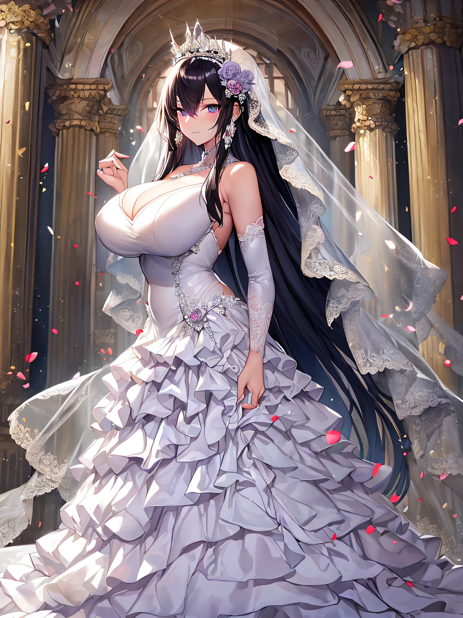 ((anime artstyle)),Masterpiece,Best Quality,Super Detail,Very Delicate and Beautiful,Solo,((full body)),(((1 arrogant queen wearing gorgeous white ballgown wedding dress with voluminous crinoline hoop skirt))),voluminous frills and beautiful lace,((gigantic tits,skindentation)),jewel-like eyes,(haughty smile),(((arrogant,haughty))),dominant pose,Sharp eyes,Purple eyes,(Beautiful detailed face and eyes),((Bangs between eyes,voluminous straight hair,extremely Long straight Hair)),black hair,gorgeous embroidery and lace,luxury hair ornament,extremely gorgeousfull jeweled tiara,long train,bling-bling gorgeous gemstone jewelry,long wedding veil,full body,standing in the sacred cathedral,white lily flowers,flower petals flowing,light particles,Sacred Light,((gorgeous white ballgown wedding dress with voluminous crinoline hoop skirt))