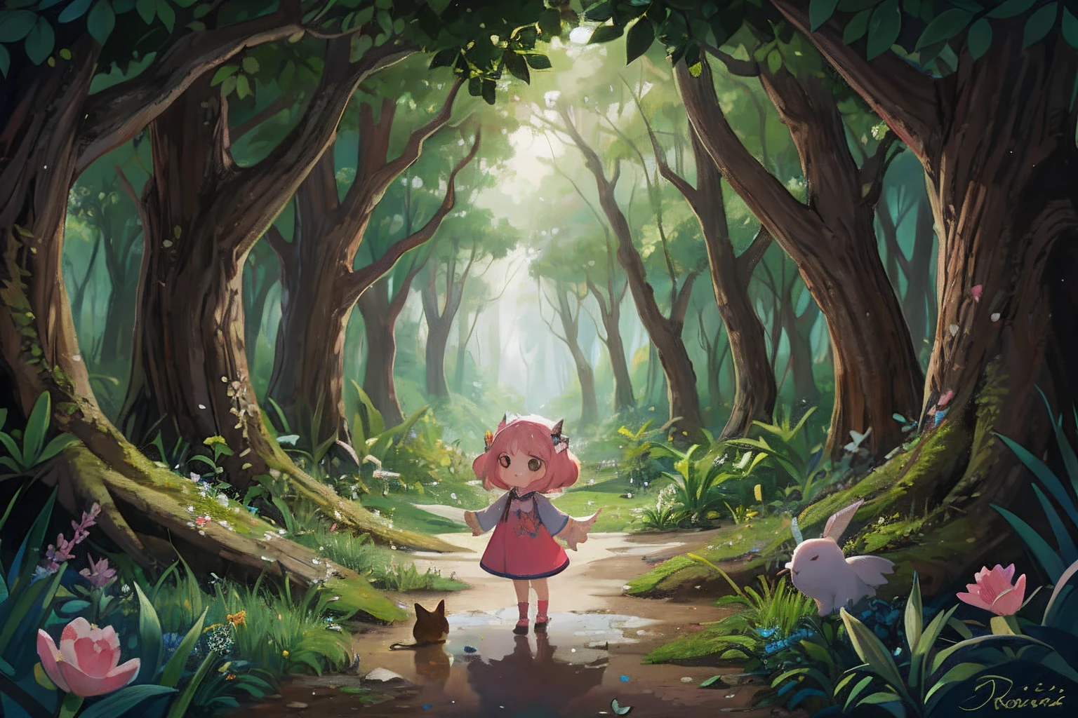 Menina dos desenhos animados em um vestido rosa andando por uma floresta com um gato, Arte infantil em Artstation, in a magical forest, in the magical forest, perdidos na floresta, perdidos em uma floresta, menina que caminha na floresta, enchanted and magic forest, em uma floresta profunda, magic fairy forest, nas profundezas da floresta, painting digital adorable, desfrutando de um passeio na floresta, olhos reluzentes e brilhosos