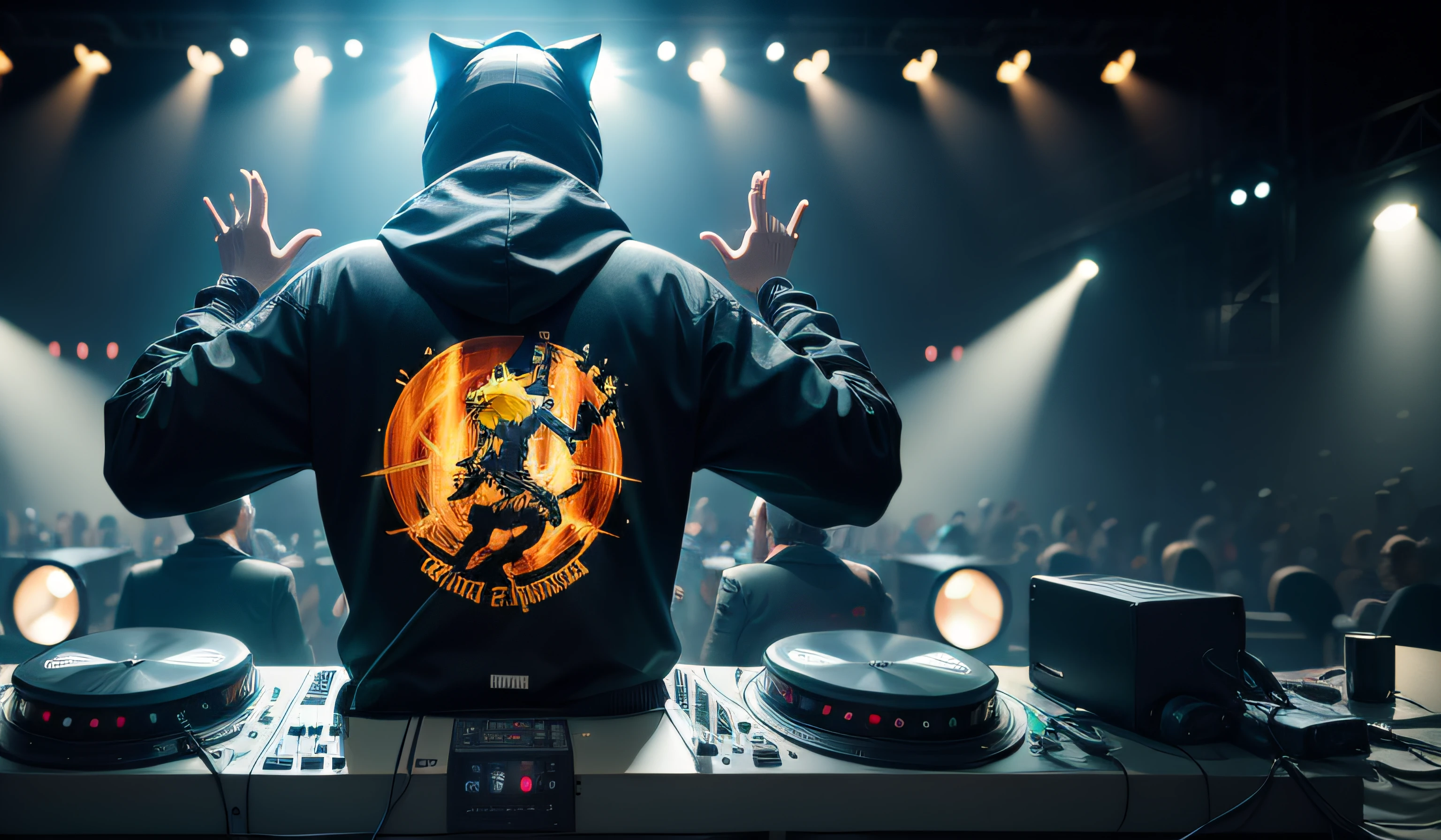 in the foreground a DJ with his back on the stage with a cat's head and a king's crown, wearing a black sweatshirt with a cap, jeans, one hand mixing the music, in the background mixing table and the other upwards animating the concert, DJ FROM BACK, backstage, third plan a crowded concert, cyber punk style ballad with green and yellow led lights, camera blur, publico animado, show fantastico
