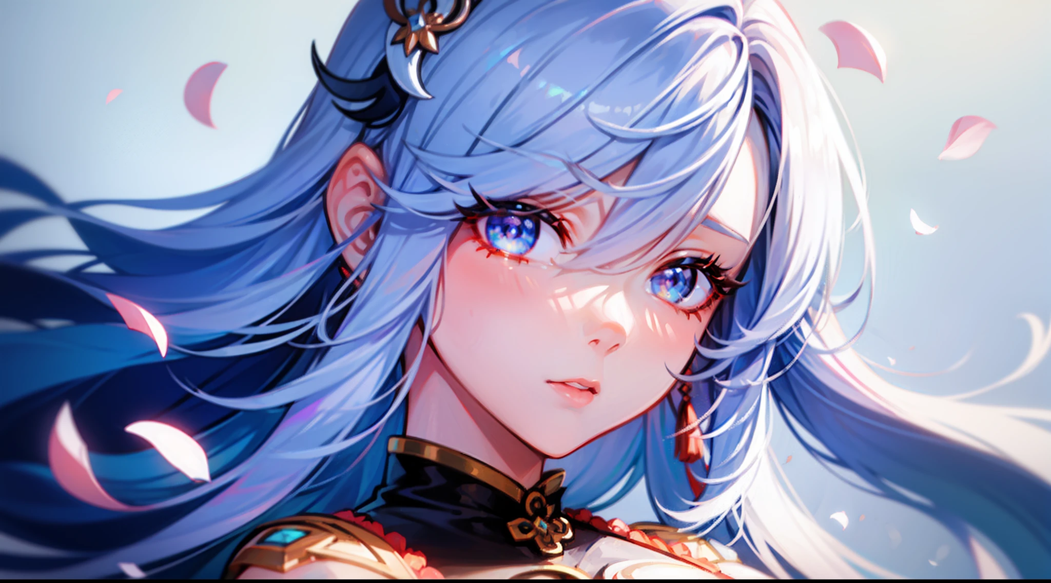 woman, focus on face, detailed face, mature woman, chinese costume, fantasy, white background, sharp face, particles (rose petals), cleavage, cinematic light, hair between eyes, dynamic angle, blue eyes, (shenhe  \(genshin impact) \)