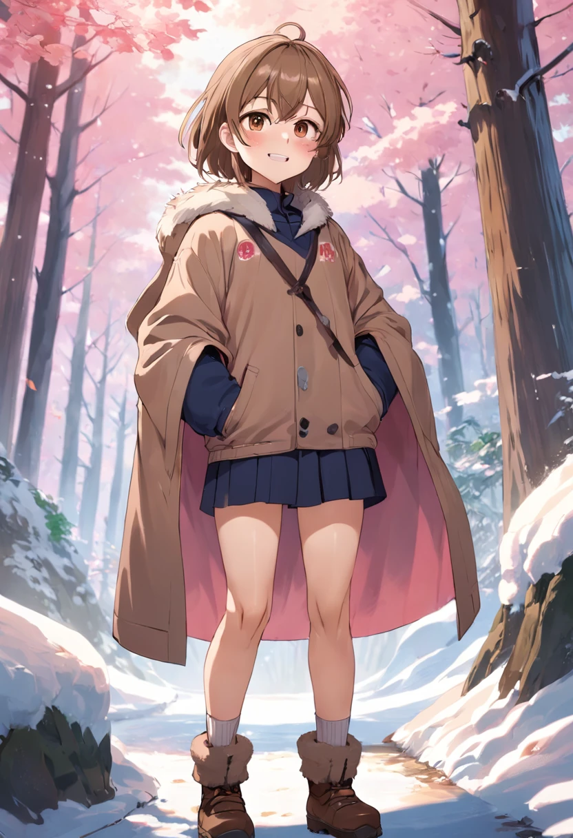 1woman, solo, teen girl, big chest, standing, head tilt, paint on cheek, large thighs, boots, fringe, using glasses, winter clothes, very small boy light brown hair, very covered clothes, very small boy hair, brown eyes, outdoors, in sakura forest, smile, chromatic aberration, beautiful, anime