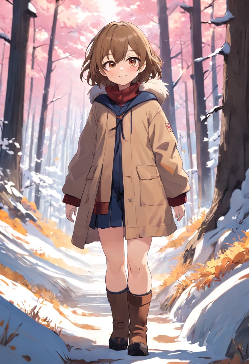 1woman, solo, teen girl, big chest, standing, head tilt, paint on cheek, large thighs, boots, fringe, using glasses, winter clothes, very small boy light brown hair, very covered clothes, very small boy hair, brown eyes, outdoors, in sakura forest, smile, chromatic aberration, beautiful, anime