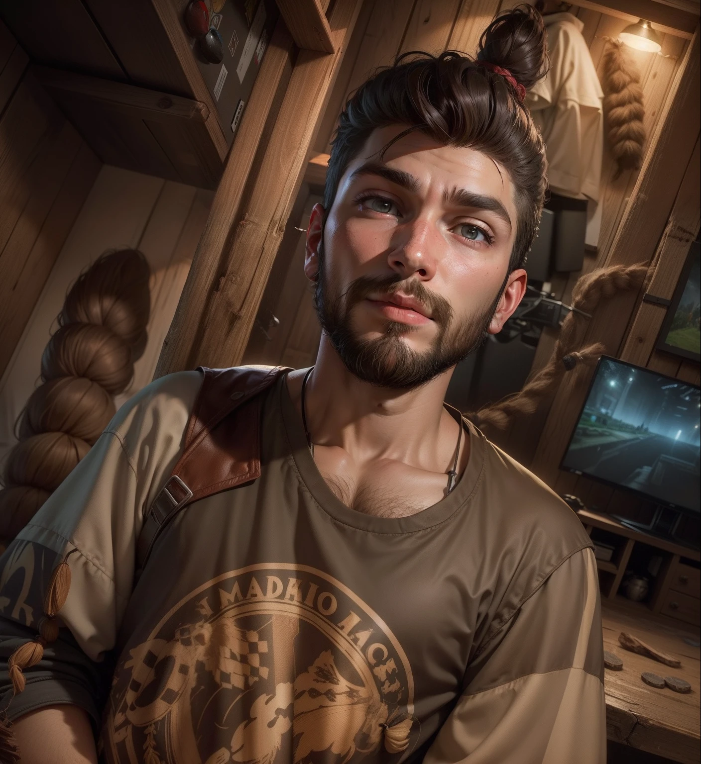Young boy with log hair style and beard fit in a gaming room