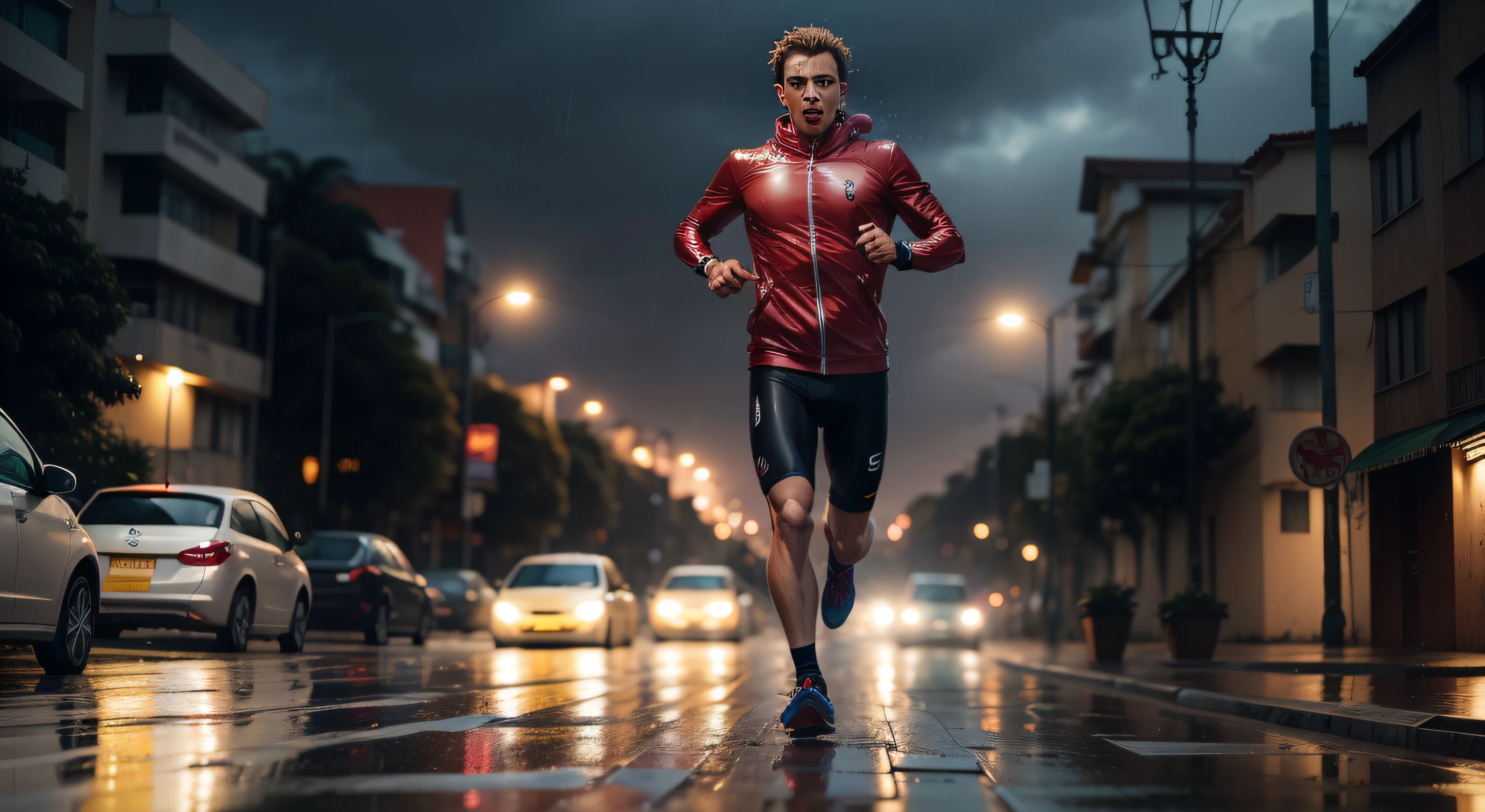 Homem correndo na chuva.