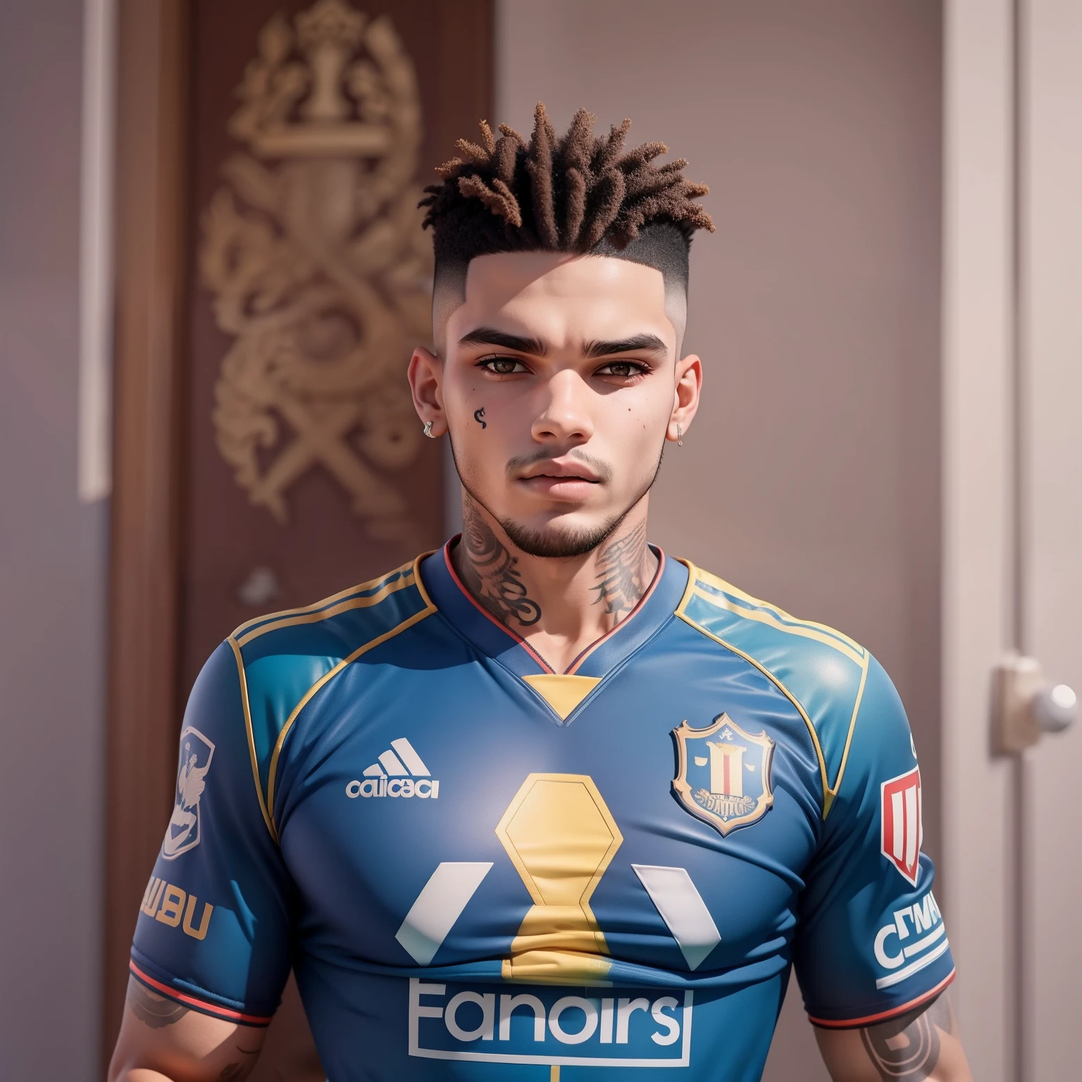 um Homen , parecido com Ederson Santana ,futeBol,com (uniforme de goleiro amarelo) with tattoo on neck saying godbless, Olhos azuis claros, (Modern football stadium background)