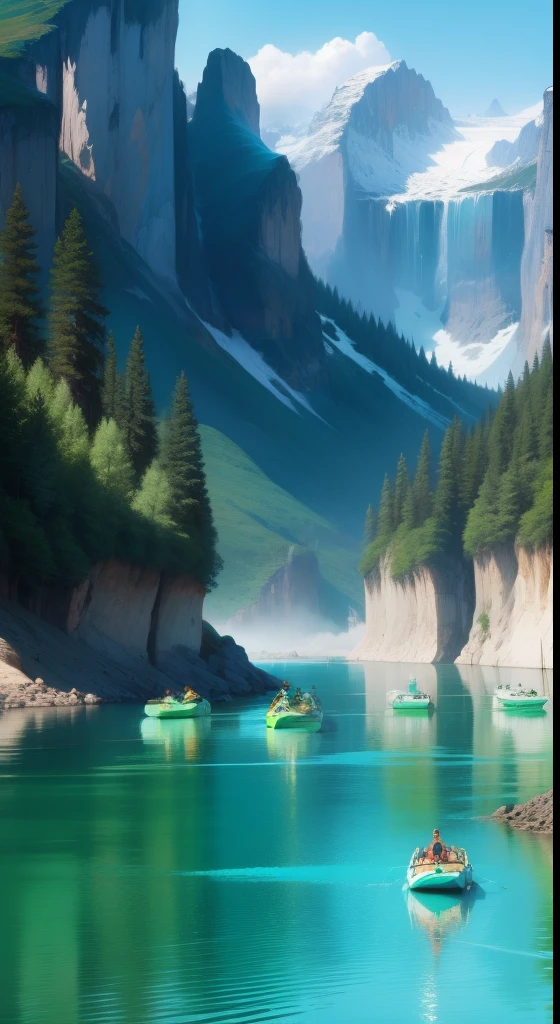 Vast emerald green mountains and deep blue oceans. With rafting boats