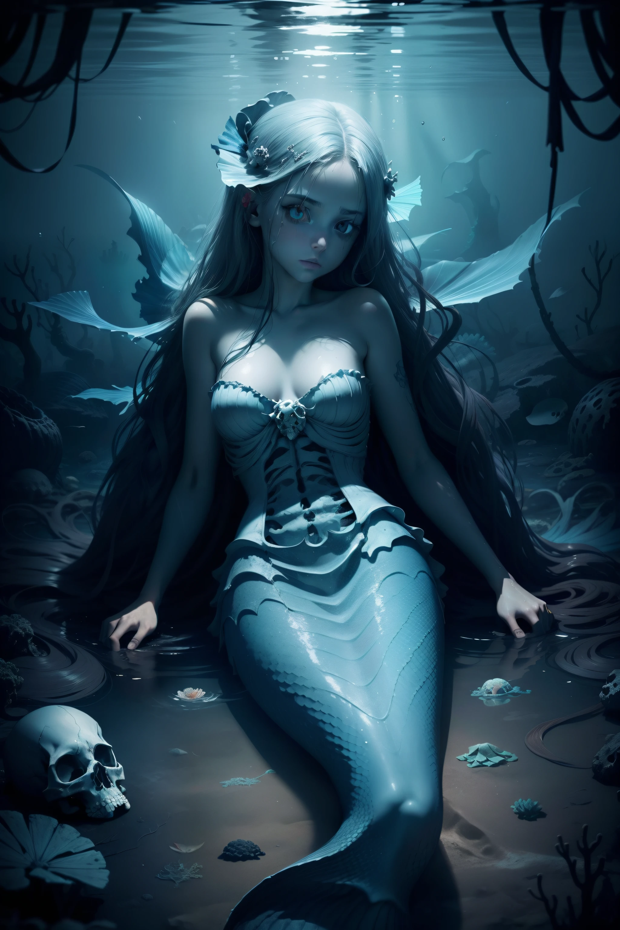 1girl, underwater, skeleton, corpse, Beneath the sea, where tendrils of coral and vines abound, a (mermaid) girl stares at you from amidst a pile of bones and skulls. Her eyes gleam with an eerie light. ribcage is made of bones, lying on the ocean floor