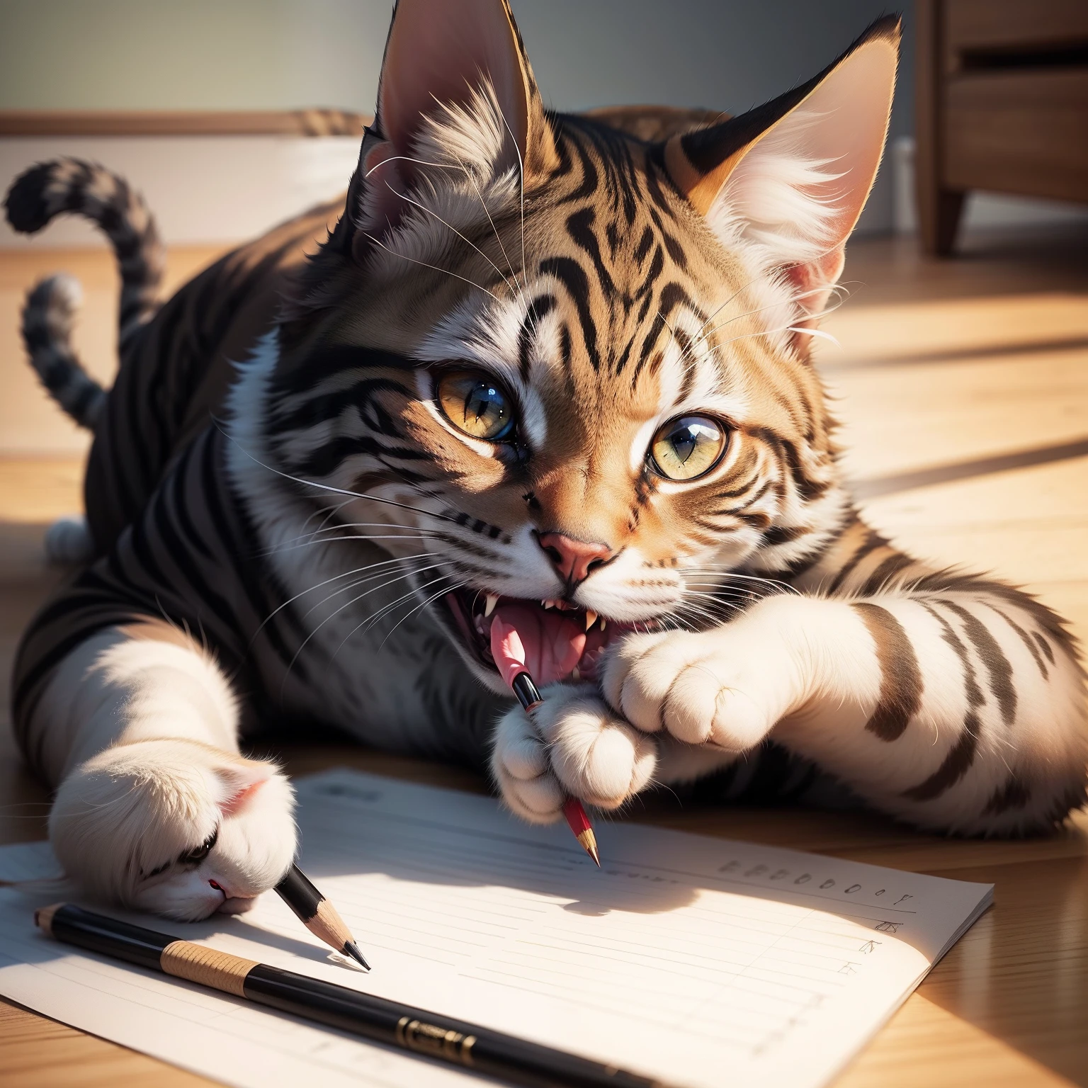 Cat biting a pencil between its teeth