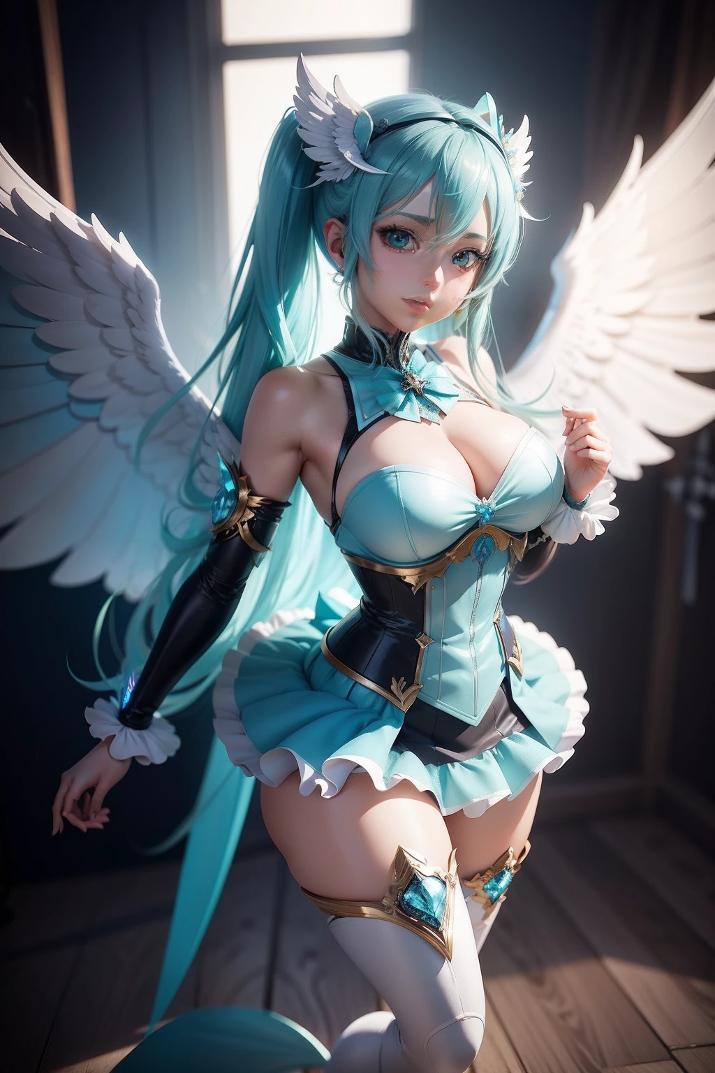 Anime - Stylistic image of a woman dressed in blue with wings, render of a cute 3d anime girl, 3 D rendering character art 8 K, anime styled 3d, Anime goddess, 3d anime girl, 8K high quality detailed art, anime highly detailed, 2. 5 D CGI anime fantasy artwork, angel knight girl, beautiful cyborg angel girl，Thick coating，Large elevation angle，Big breasts Hatsune Miku，wings，stage，Western sword，quadratic element，Shine brightly，Stand on one foot，Stand on an object，