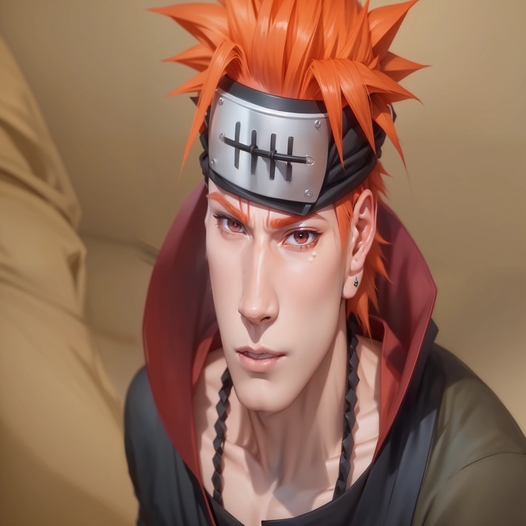 ((8K Resolution)) ((Character pain yahiko)) boys, 20y.o, orange hair, black dress, percing on a nose, realistic Character, realistic, Ultra detail