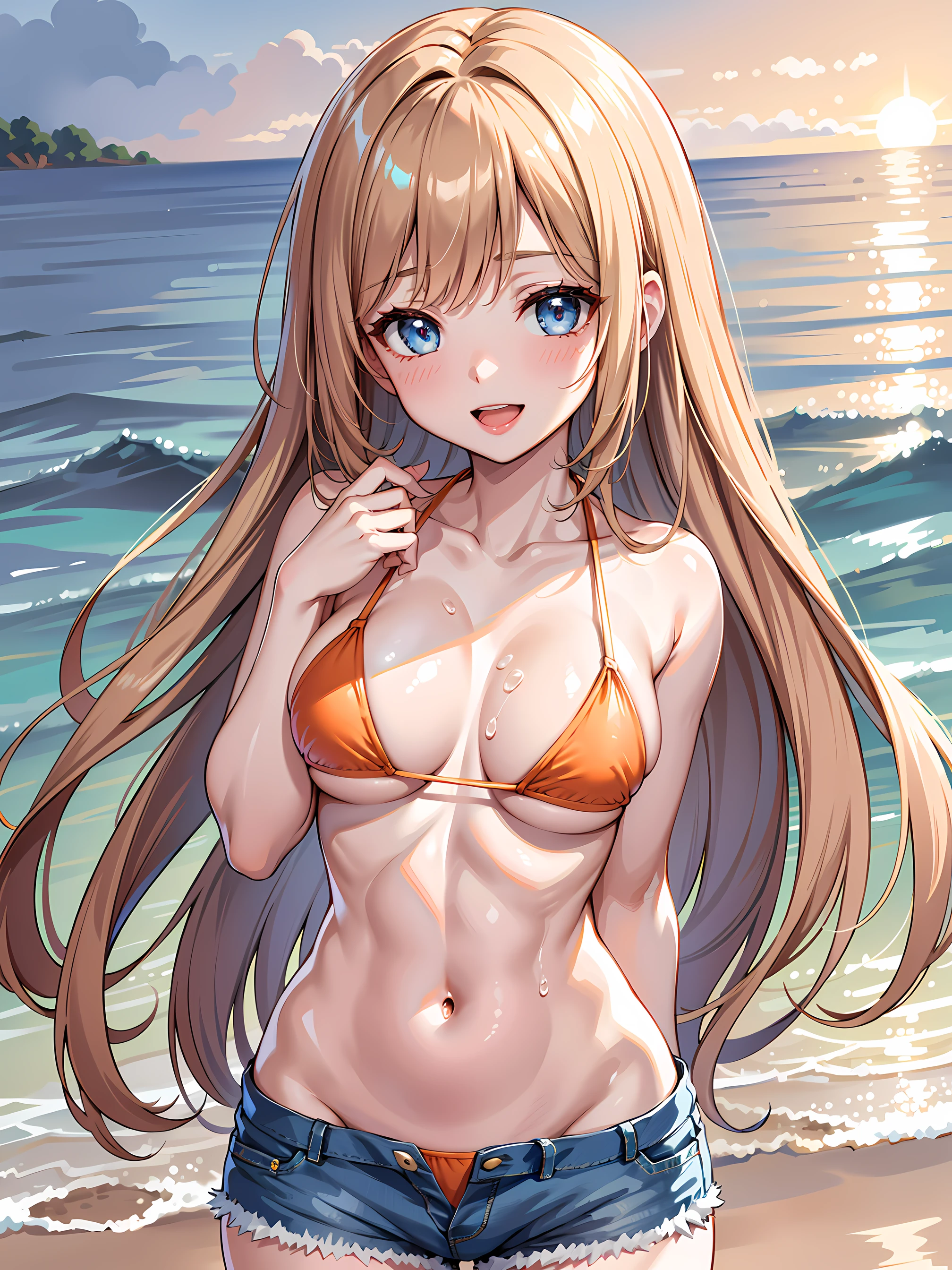 (1girl:1.3, solo), (Masterpiece, best quality, photorealistic, highres, photography, :1.3), ultra-detailed, sharp focus, professional photo, commercial photo, (upper body:1.3), (standing at blue ocean:1.3, in water), (((starring at the viewer:1.5))), BREAK, 1girl, solo, European girl, hot model, (attractive model:1.37), (promotional model:1.2), highly detailed eyes and pupils, realistic skin, (attractive body, large breast:1.25, thin waist:1.15), thin hair, single braid hair, mahogany hair, extremely detailed hair, delicate sexy face, sensual gaze, shiny lips, BREAK, (orange bikini:1.3), (shorts:1.3), detailed clothes, BREAK, (outdoor, South California beach background, blurry background:1.25, simple background, no-human backgorund, detailed background), (under sunset:1.37), BREAK, (attractive posing), ((realistic, super realistic, realism, realistic detail)), perfect anatomy, perfect proportion, bokeh, depth of field, hyper sharp image, (attractive emotion, seductive smile:1.2, happy:1.2, blush:1.2, :d:1.2, :p:1.2), 4fingers and thumb, perfect human hands, wind,
