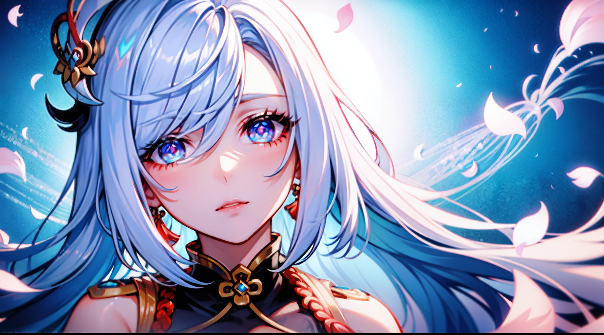 woman, focus on face, detailed face, mature woman, chinese costume, fantasy, white background, sharp face, particles (rose petals), cleavage, cinematic light, hair between eyes, dynamic angle, blue eyes, (shenhe \(genshin impact) \)