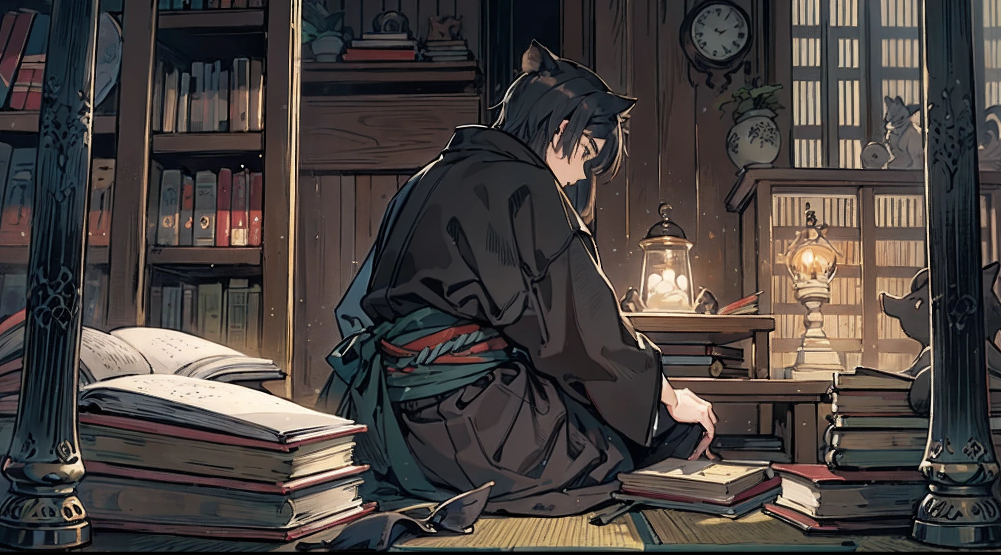 #Quality (intricate-detail、ultra-detailliert:1.2,Masterpiece),
#night sky (darkness of night,no light),
#one writing boy ( male、writer,Honor Students、A dark-haired、short-hair、hakama,sit flat),
#black room at night (no light,black cat,wooden low table,one candle,pretty tatami,a lot of books,bookshelf)