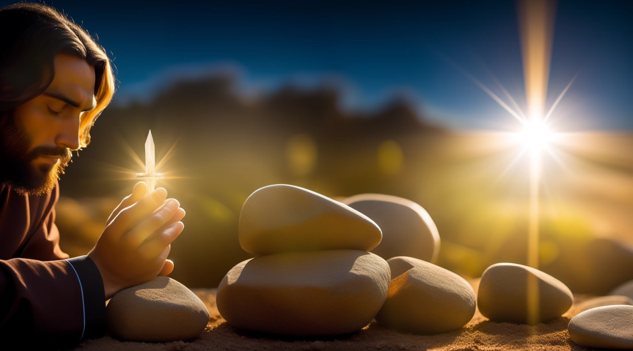 Jesus meditating
Jesus with smoked quartz in his hands
Sunlit environment
Environment with several smoky quartzes