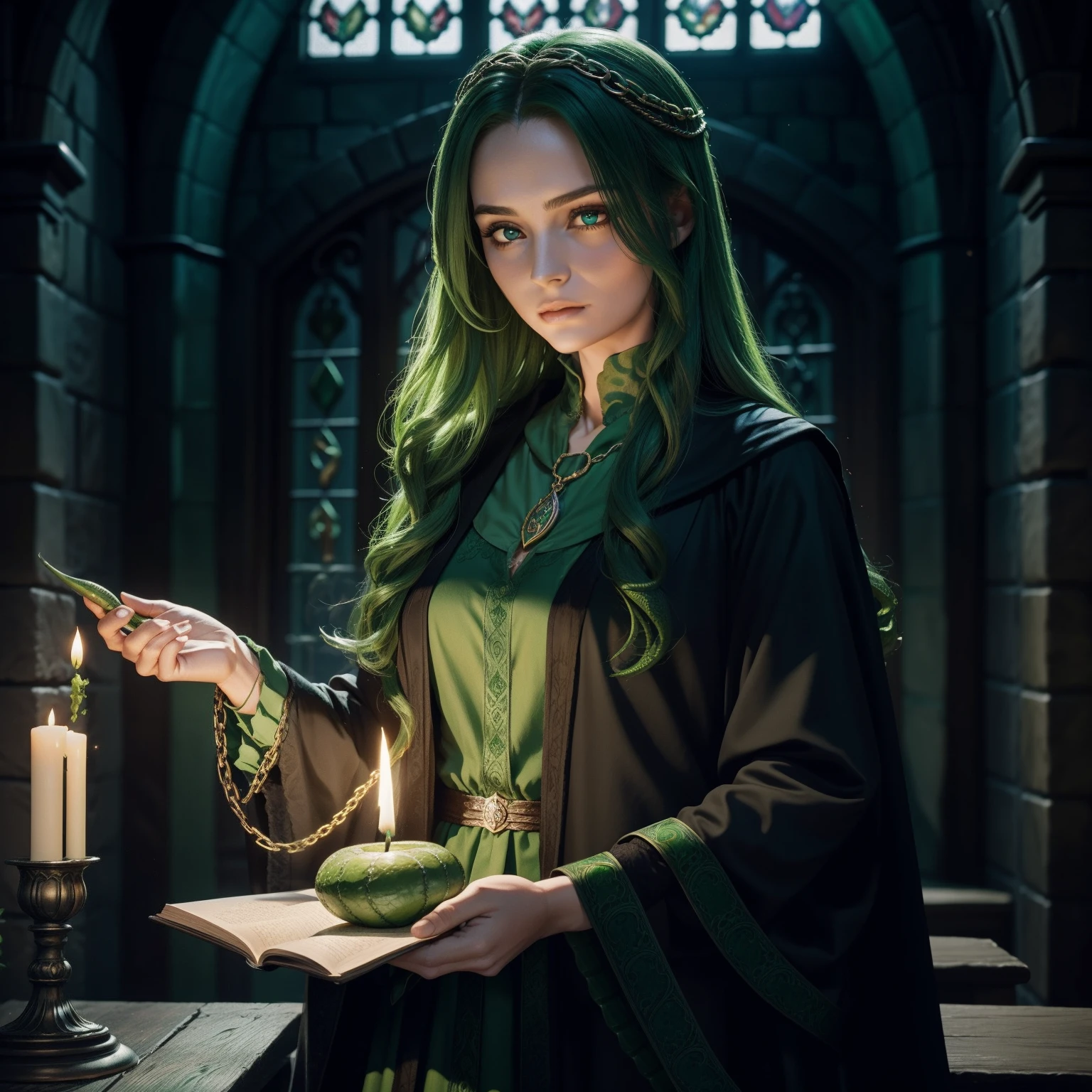 28 Jahre,a beautiful young woman, (lange schwarze geflochtene Haare), hogwarts haus Slytherin, long green coat, bare breasts, (bare breasts), nude, erregt, feuchte Haut, green snake chain around the neck, Hogwarts im Hintergrund, holds green fire in his hand, Hand burns green,