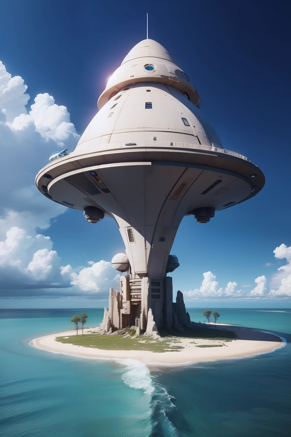 A spaceship lands on a small island (Digital Art Styles), Digital Art, Epic scene, photo realism
