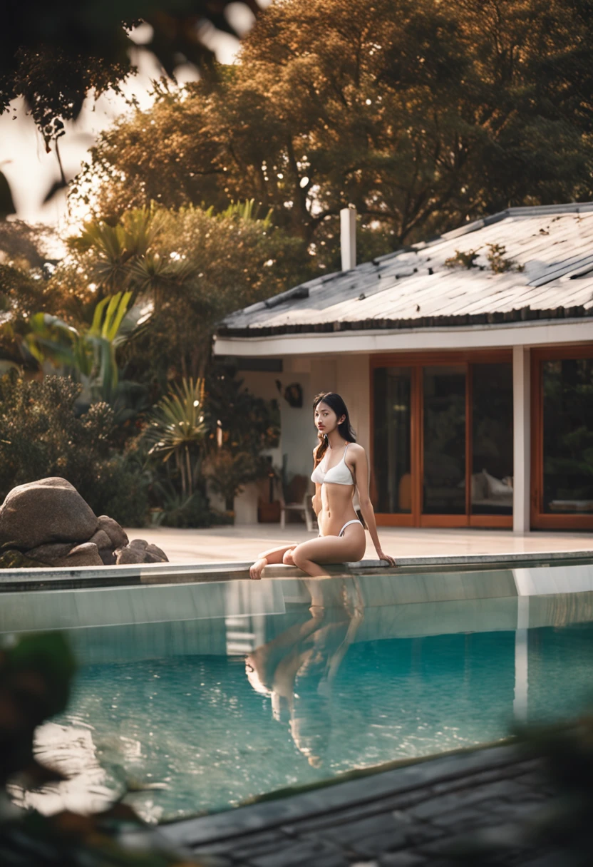 South Korean girl with perfect body coming out of the pool with scenic look wearing a white bikini, photography, sunset, modern house in the forest, pool at the back of the house, canon, urban colors, girl's mid-distance camera, pretty eyes , clear and glowing skin, dynamic pose