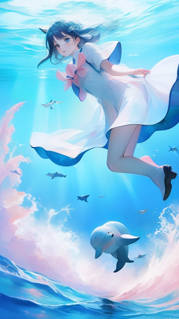 GIRL,(((1Girl and dolphins))),(Inside the clouds),((((Fly to the sea)))),in pink,blue colors,cyan colors,