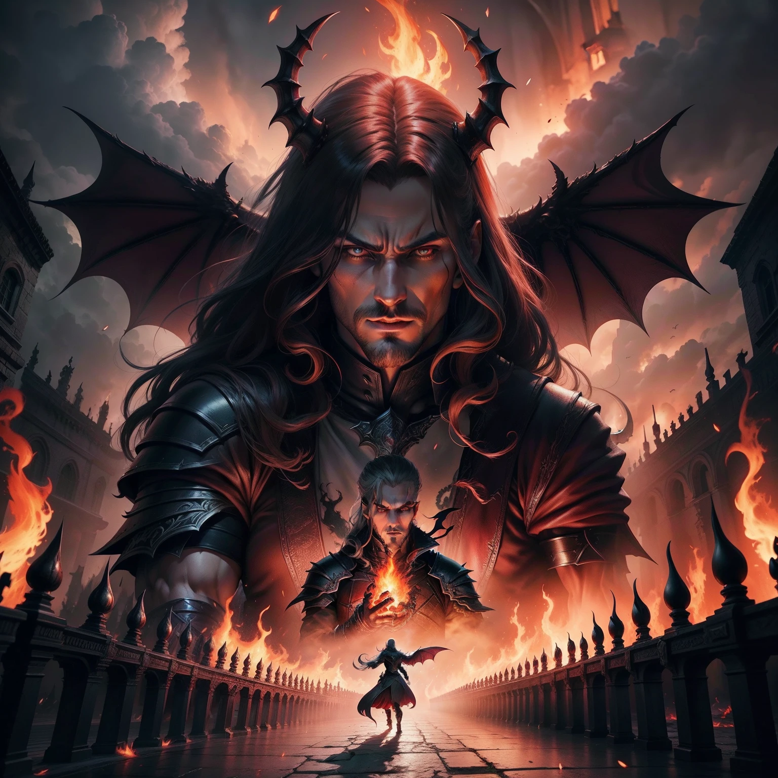 Castlevania Lord of Shadows in hell blazing fire super detailed Dynamic poses hyper realistic super detailed hyper realistic super detailed blazing hell Devil hyper realistic super detailed Dynamic Poster Movie Epic Legendary Advertisement