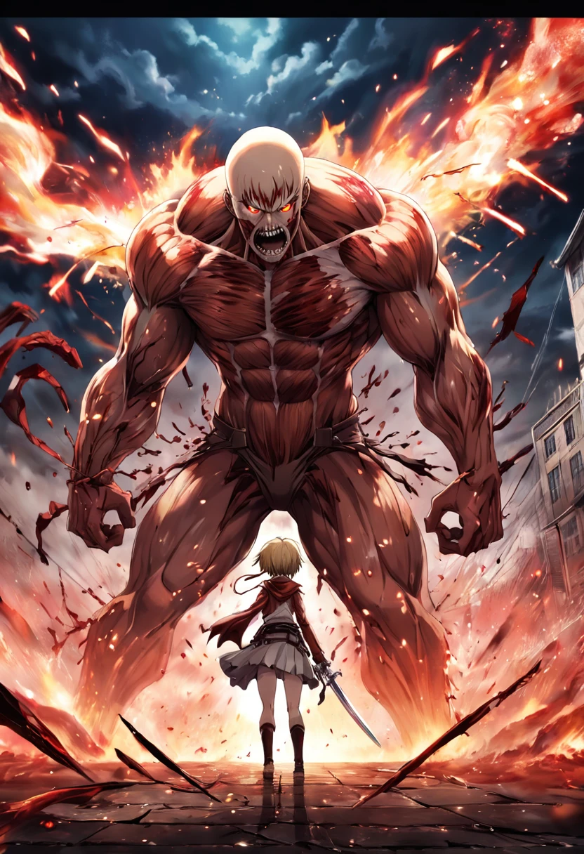 A Big Attack on Titan Titan Fighting against humans, Horror, Gore, Blood, Blood Sparks, Blood Stains, 12k, HD