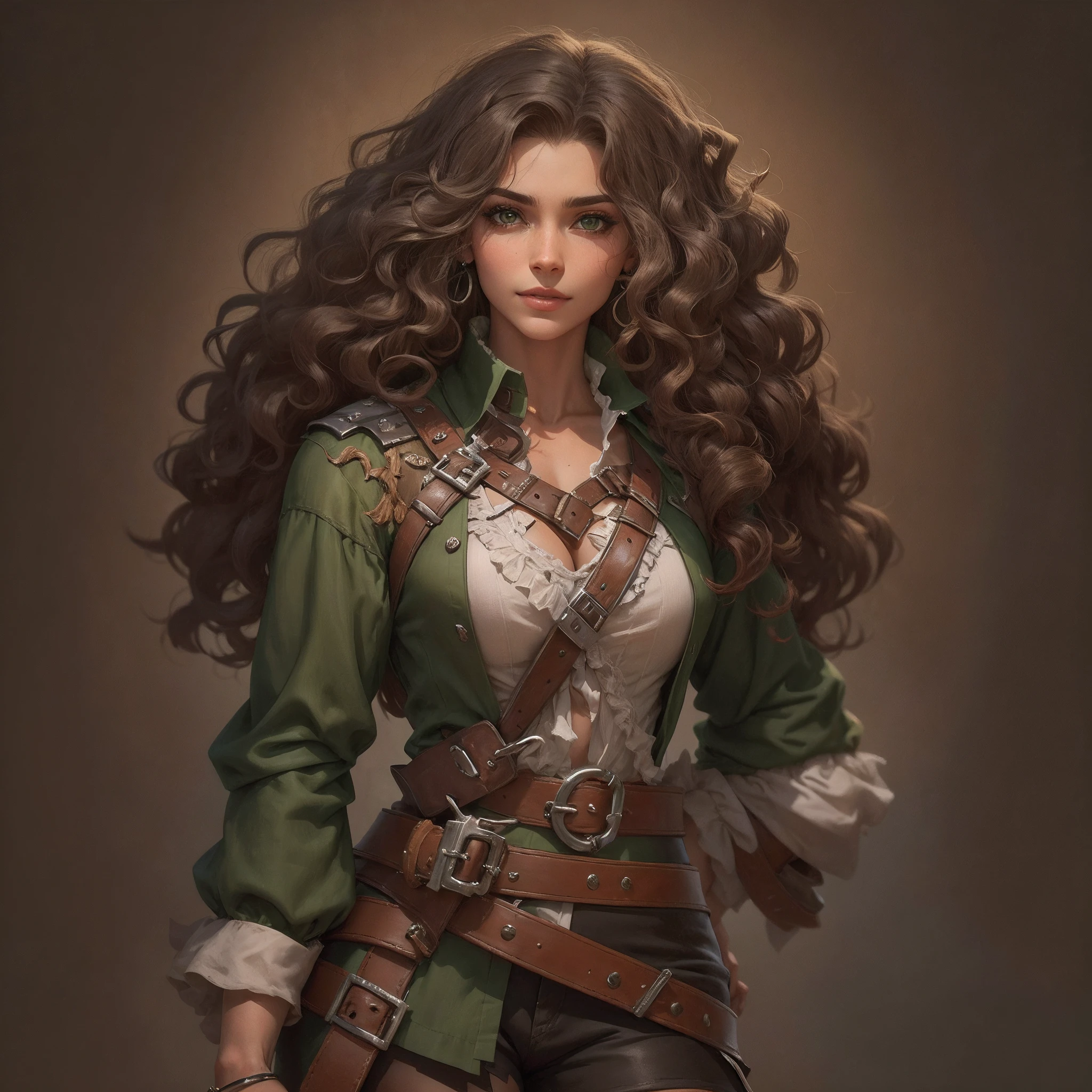 Mulher com cabelo encaracolado na altura dos ombros na cor castanha, sardas no rosto, de shorts curto, roupa verde e branca, cabelo castanho, cabelo marrom, mid hair, cabelo muito cacheado, Botas Brancas, Castlevania, Warcraft, Dungeons and Dragons, Ragnarok, In the background a beautiful city of Middle Ages, sardas no rosto, um sorriso alegre e bobo, in the hands a ring