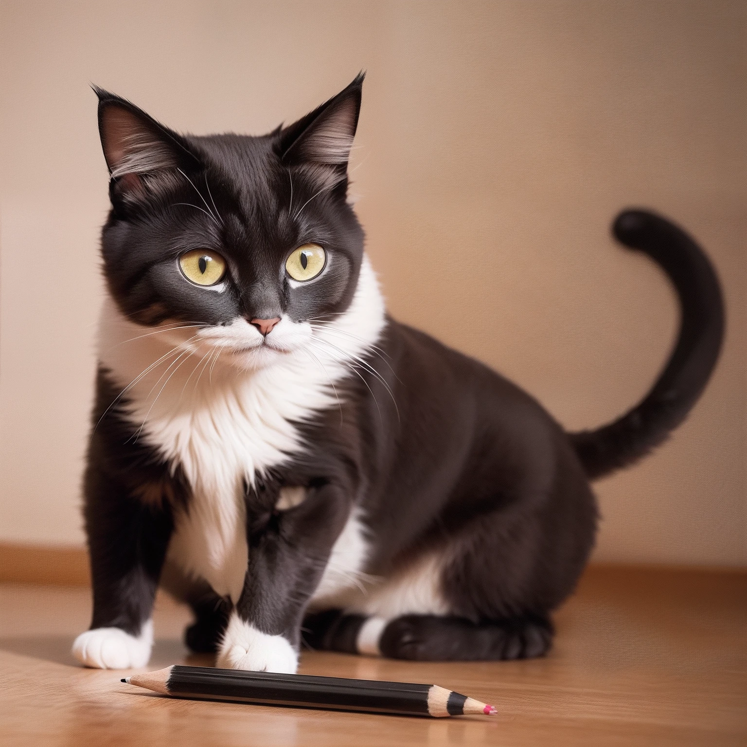 Cat with a pencil between its fangs