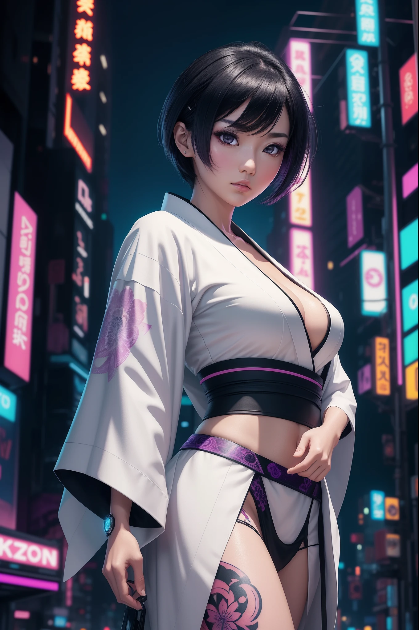 Perfect artwork of Nozomi Sasaki, short black hair, white open kimono, fully body tattoos, serious face, in action cinema pose looking in camera. 3D vector art. trending composition. vibrant side lighting, centered in a vibrant, technicolor cyberpunk detailed city landscape. night neon lighting. masterpiece, best quality, layered lighting.