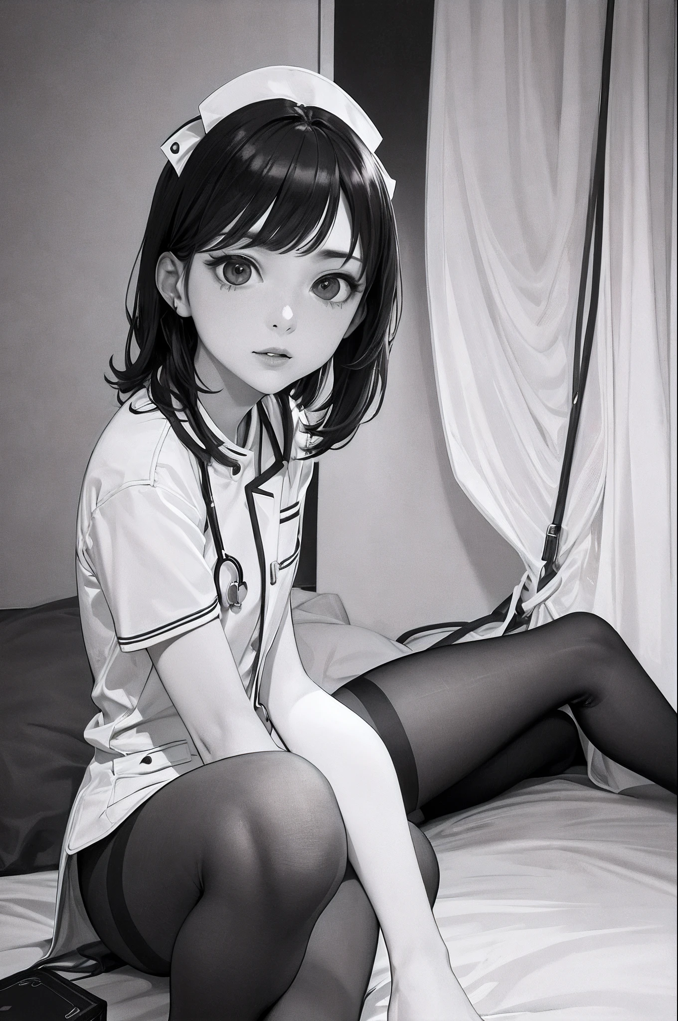 (full bodyesbian:1.5),(1girll:1.3),(view the viewer:1.4),(anatomy correct:1.4),(Sit on top of the hill:1.2),(Wear a nurse suit:1.2),(Opaque pantyhose:1.3),( Girls pointed-toe thick heels :1.1),(Accurate and perfect face:1.3),(Long legs:1.3),hyper HD, Ray traching, reflective light, structurally correct, Award-Awarded, High detail, Fade shadow contrast, Face lighting ,Cinematic lighting, Masterpiece, super detailing, High quality, High detail, Best quality, 16k,High contrast,