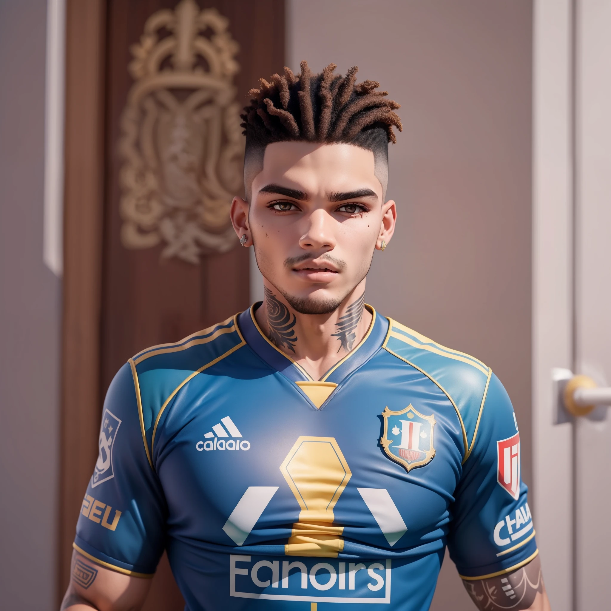 um Homen , parecido com Ederson Santana ,futeBol,com (uniforme de goleiro amarelo) with tattoo on neck saying godbless, ((Olhos azuis)) claros, (Modern football stadium background)