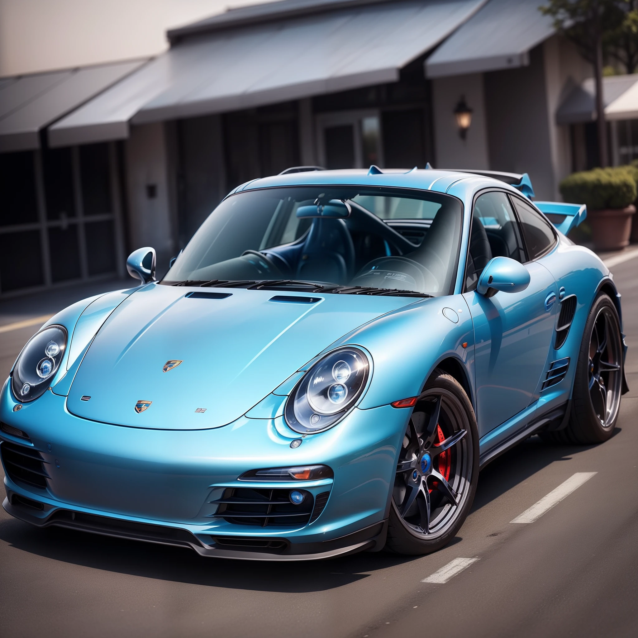 ((Beautiful blue Porsche))、Stylish and sophisticated shape、((An ultra-high picture quality))、(blue open sky)、finely detailed beautiful、detaileds