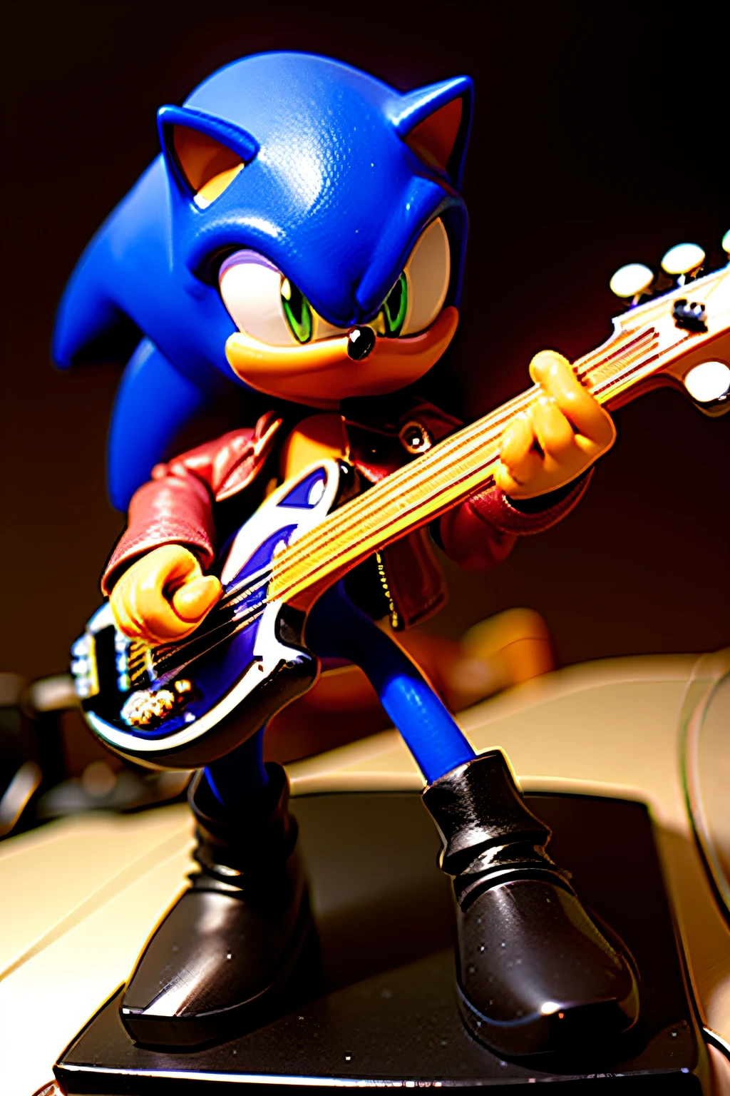 sonic the hedgehog wearing leather jacket, action figure, playing bass and singing, intricated details, 8k