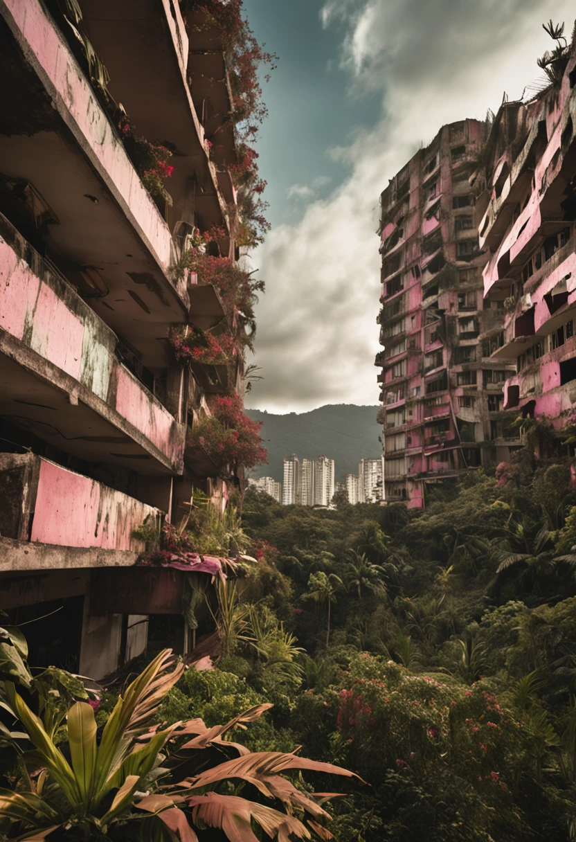 "post-apocalyptic condominium in Rio de Janeiro, ruins, atmosfera sombria, red skies, plantas invadindo, natureza selvagem, personagens sobreviventes, tribalismo, Struggle for survival"