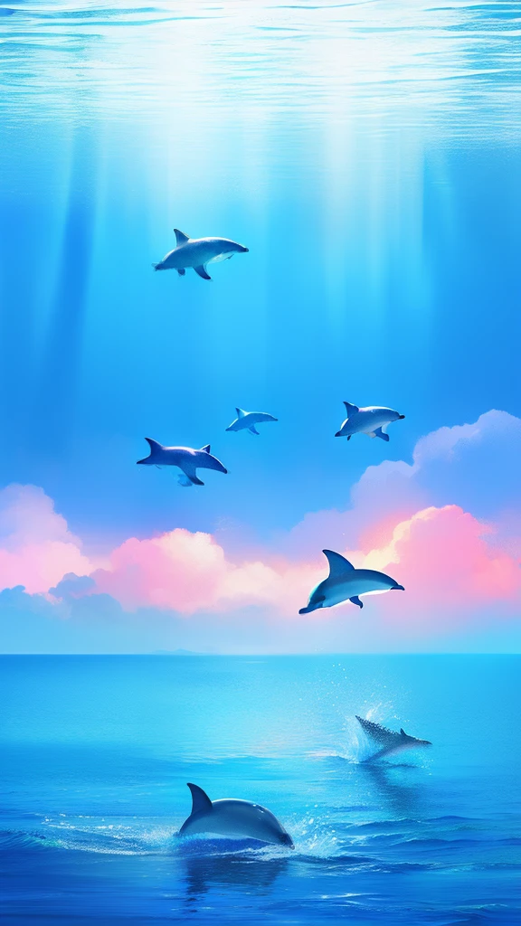 GIRL,(((1Girl and dolphins))),(Inside the clouds),((((Fly to the sea)))),in pink,blue colors,cyan colors,