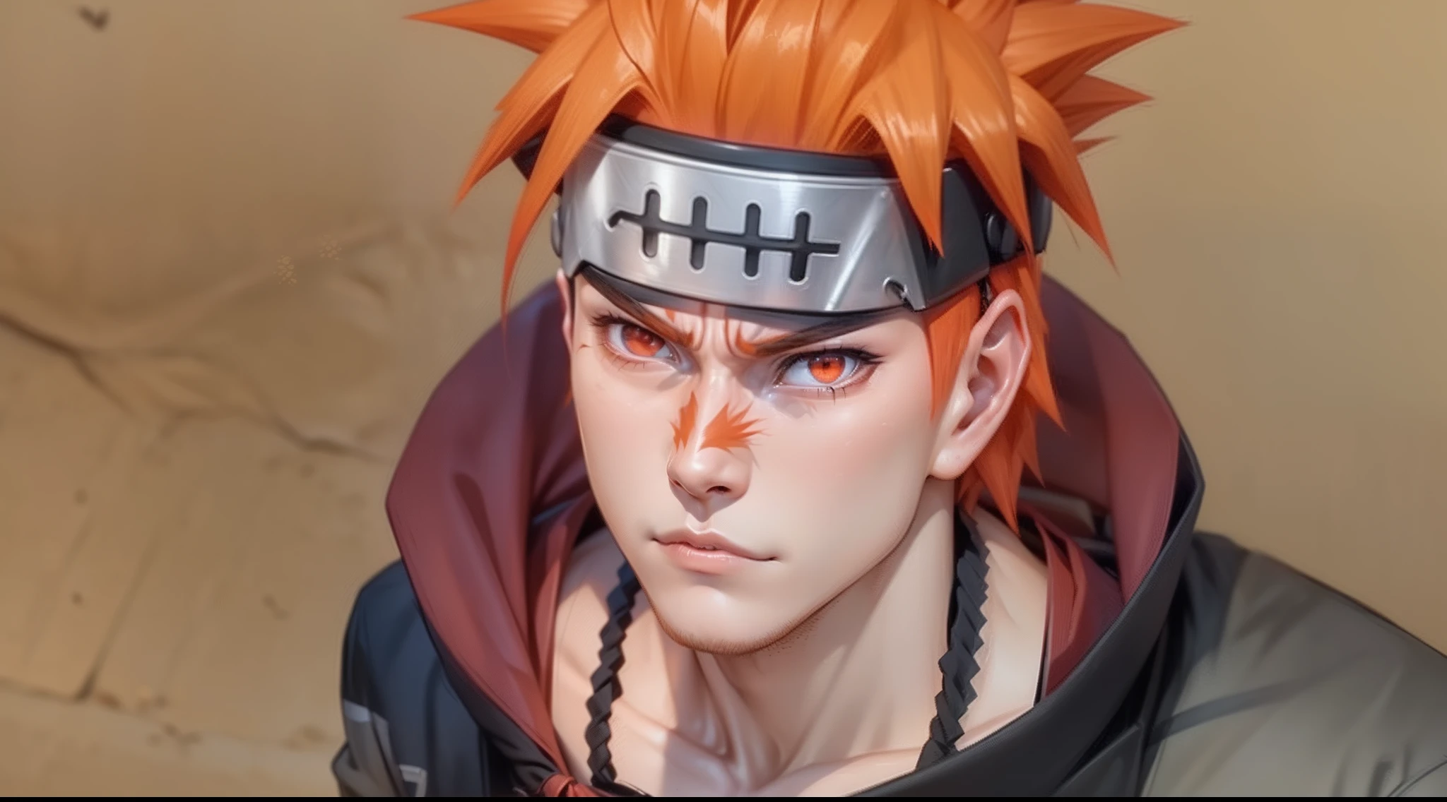 ((8K Resolution)) ((Character pain yahiko)) boys, 20y.o, orange hair, black dress, piercing on a nose, realistic Character, realistic, Ultra detail