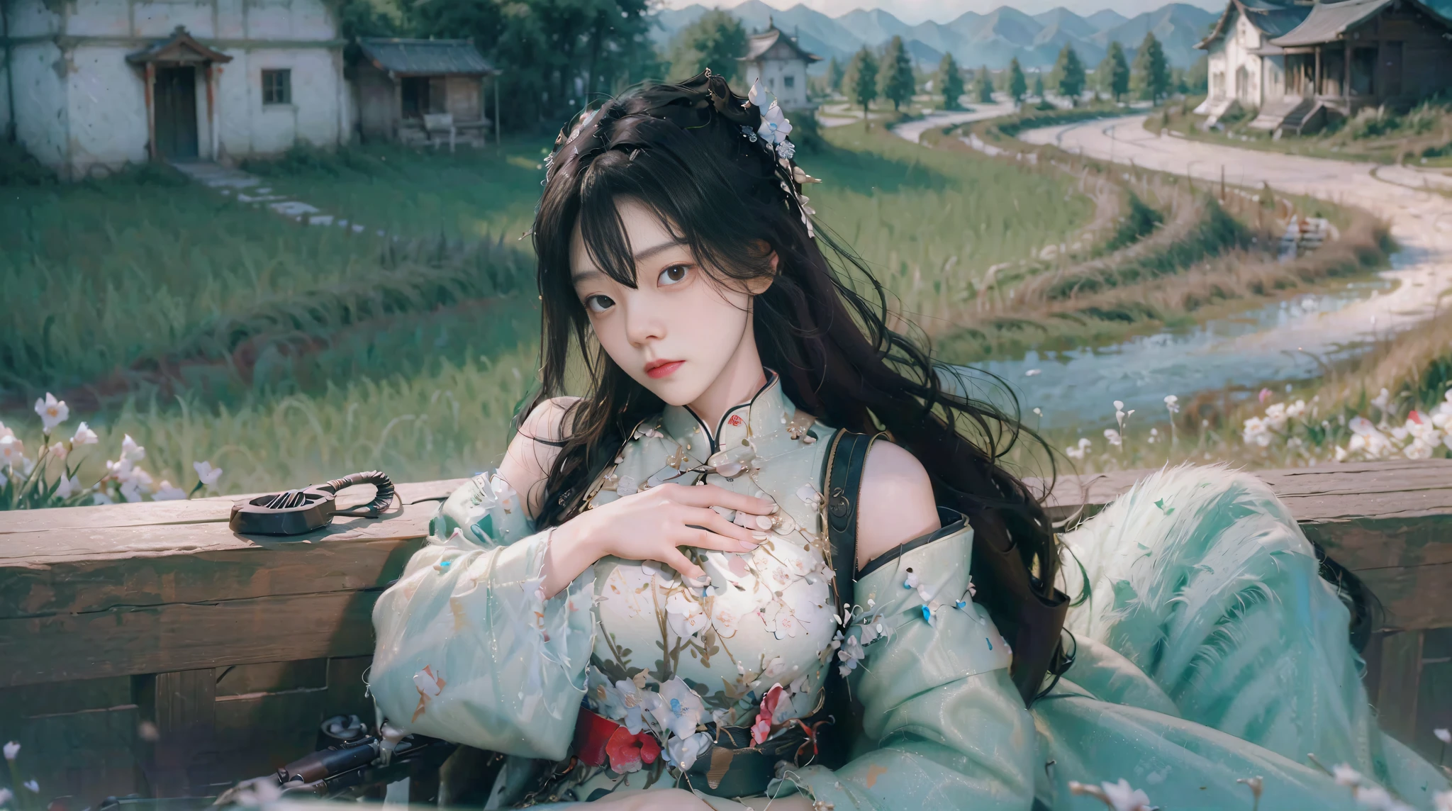 ((best qualtiy)), ((tmasterpiece)), (the detail:1.4), .。.。.3D, Ancient Chinese clothing, Kizi,Hand detail, Rural fields, Farming, Straw house，short- sleeved，ricefield，wildflowers，horse tailed，flatchest，Tools，Retro，decrepit，mont，Mist，suns,hdr（HighDynamicRange）,Ray traching,NVIDIA RTX,Hyper-Resolution,Unreal 5,Subsurface scattering、PBR Texture、post-proces、Anisotropy Filtering、depth of fields、maximum definition and sharpness、Many-Layer Textures、Albedo e mapas Speculares、Surface coloring、Accurate simulation of light-material interactions、perfectly proportions、rendering by octane、Two-colored light、largeaperture、Low ISO、White balance、the rule of thirds、8K raw data、scalper，bunny