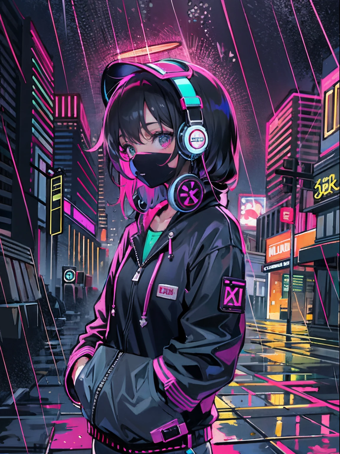 masterpiece, girl alone, solo, incredibly absurd, hoodie, headphones, street, outdoor, rain, neon,